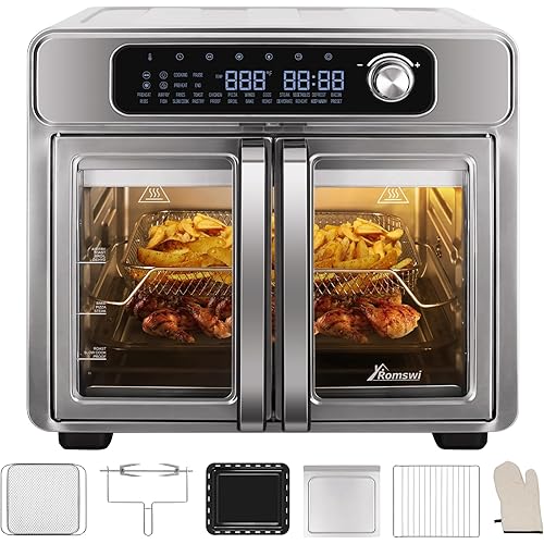 Romswi 26QT French Door Air Fryer Toaster Oven Combo, 24 Cooking Functions and Digital Controls, Fits 12" Pizza, 6 Slices of Toast, Rotisserie 6lb Chicken, 6 Accessories Included