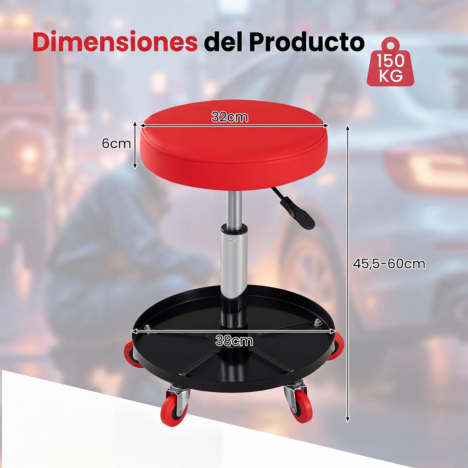 COSTWAY Taburete de Taller con 5 Ruedas, Taburete Mecánico Acolchado | con Altura Ajustable 45,5-60 cm, Bandeja para Herramientas, Asiento Giratorio para Garaje, Reparación de Automóviles