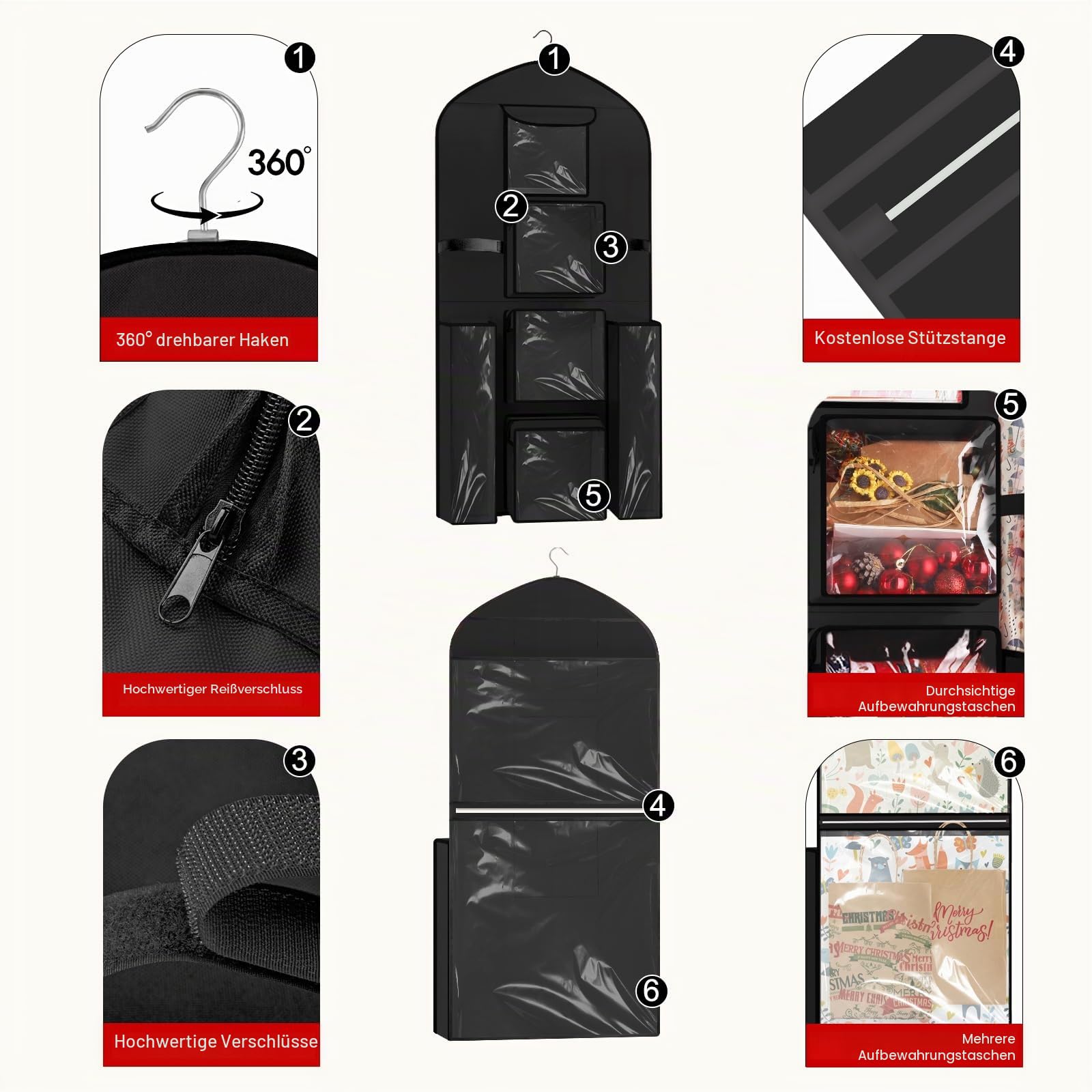 Geschenkpapier-Aufbewahrung, zum Aufhängen, 120 x 60 cm (extra groß), schwarz, doppelseitig, Weihnachtsverpackungsbehälter, Oxford Langer Bastelrollen-Organizer, Geschenkpapierhalter für schlafzimmer