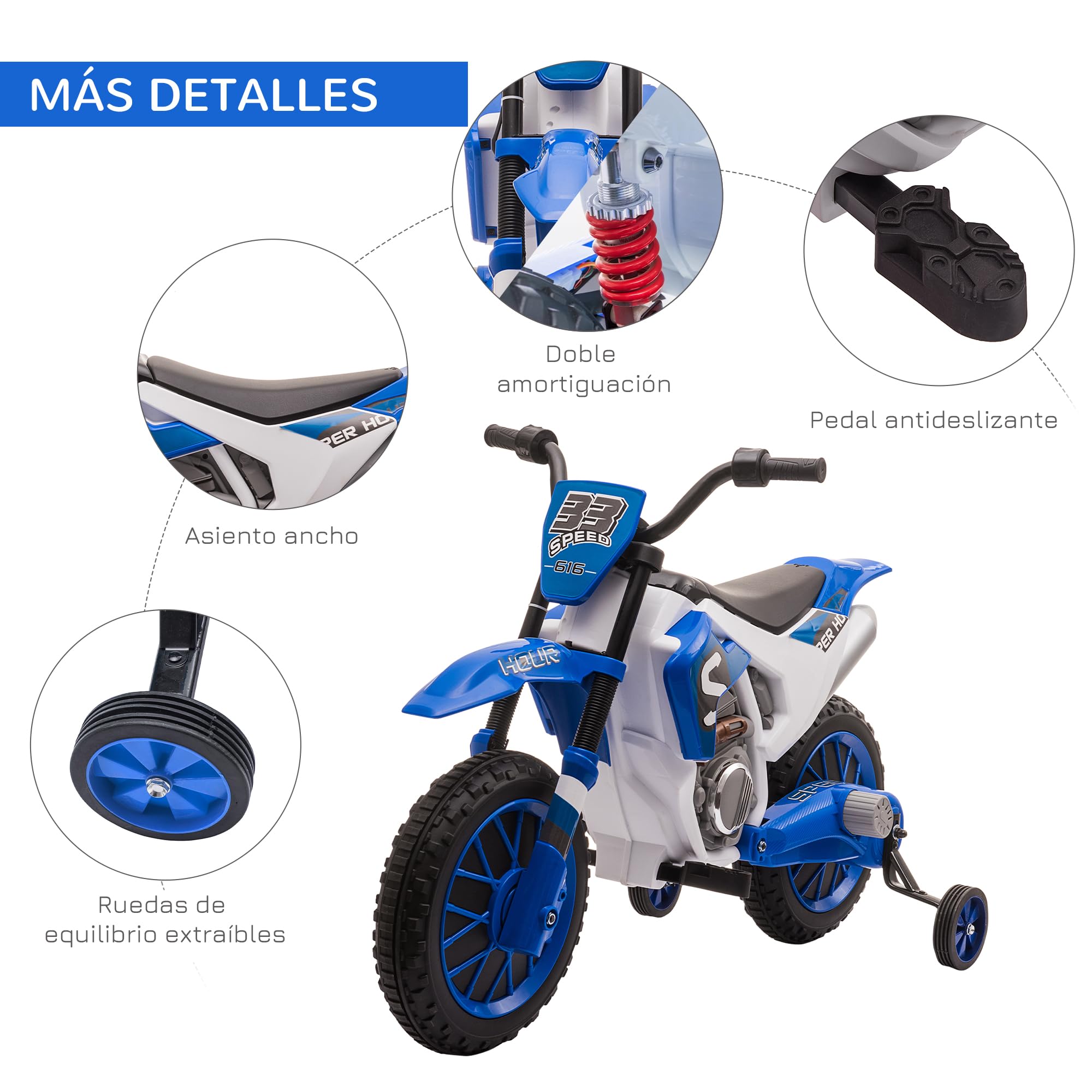 HOMCOM Moto Eléctrica para Niños de +3 Años 12V Moto de Juguete Infantil con 2 Ruedas de Equilibrio Velocidad Máx. 8 km/h Arranque Suave 106,5x51,5x68 cm Azul