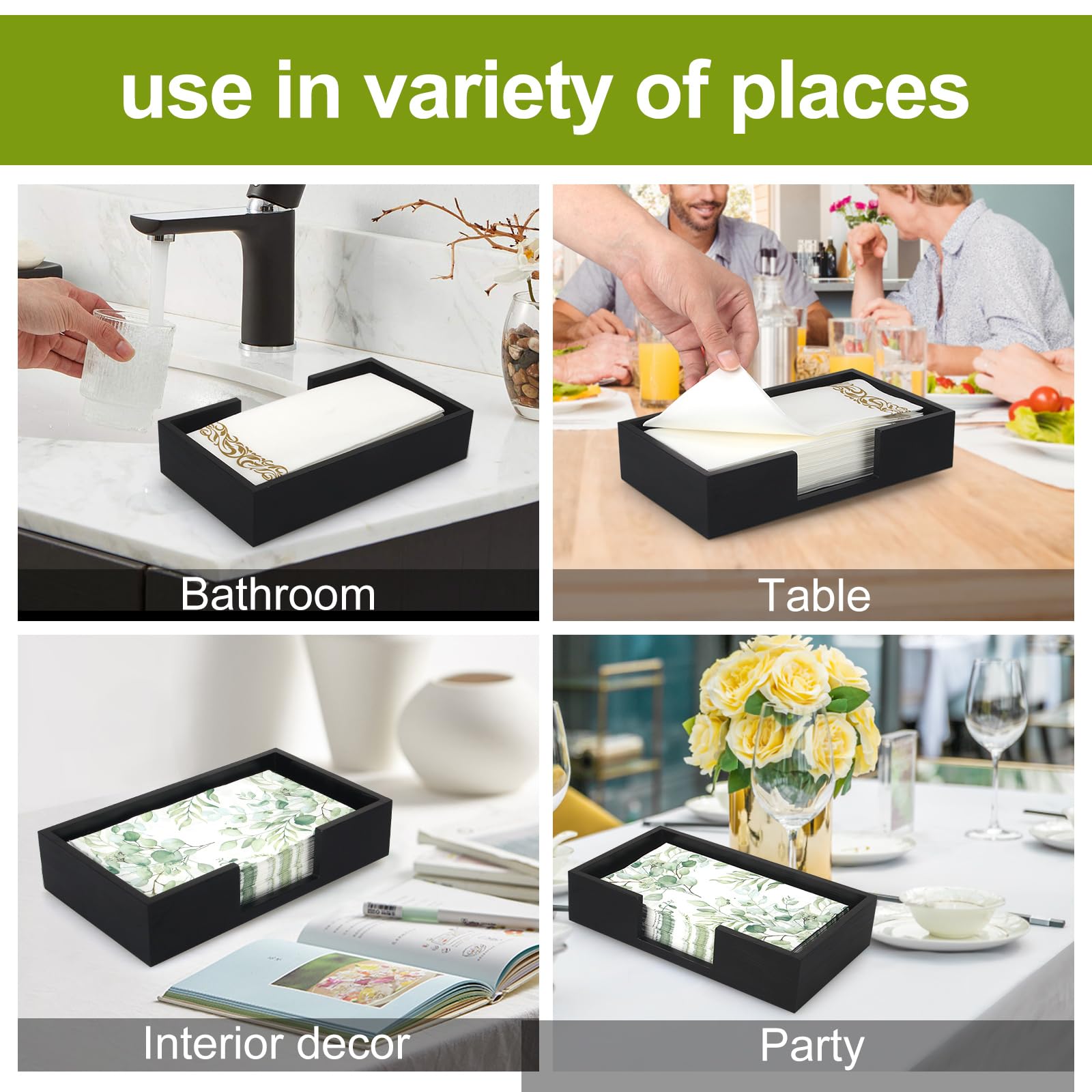 Renawe Servilletero de madera moderno negro y almacenamiento multiusos, mide 9.5 x 5.5 x 2 pulgadas, perfecto para mesa, encimera, baño, toallas de invitados y servilletas de cena
