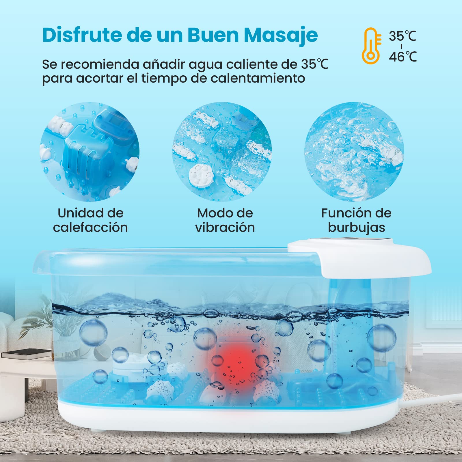 COSTWAY Masajeador de Pies para Baño, Tina para Remojar los Pies con Calor, Burbujas y Vibración, Pediluvio Masajeador con Piedra, Apagado Automático de 1 Hora, Azul