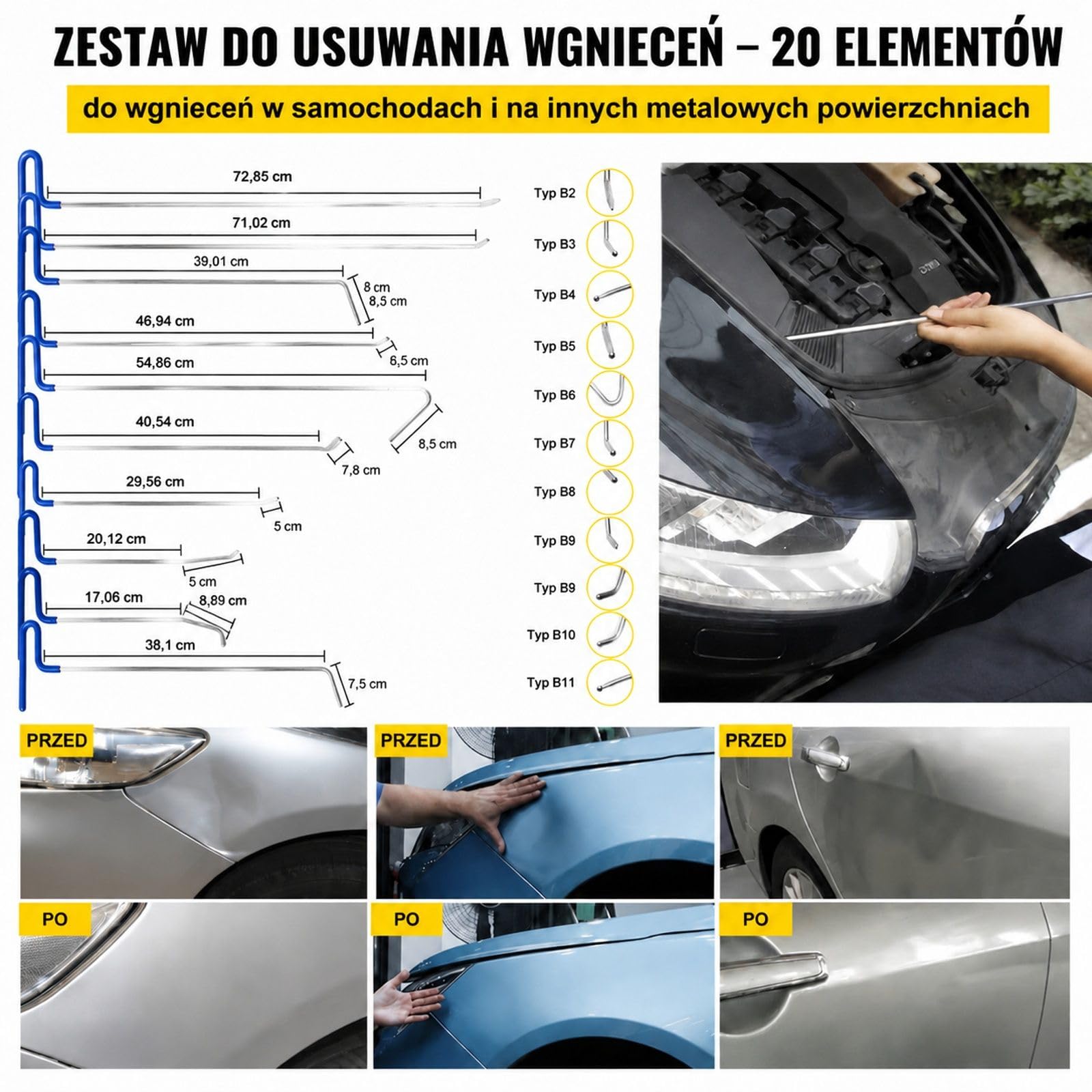 Zestaw 20 stalowych prętów do usuwania wgnieceń z torbą, młotkiem gumowym i hakami S&O do naprawy wgnieceń samochodowych i innych powierzchni