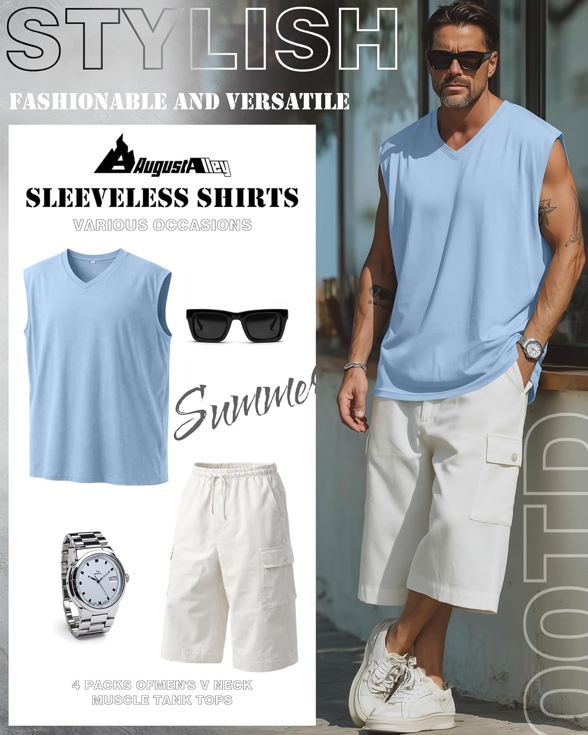 August Alley 4 Pack Mens Big and Tall Tank Tops V Neck Sleeveless T Shirts Cut Off Muscle Shirts Gym Workout Tee