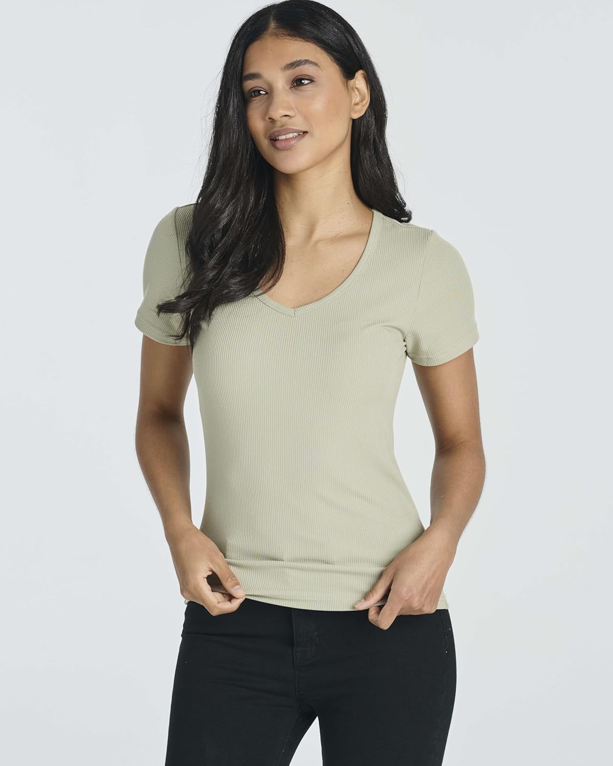 Real Essentials 5 Pack: Women's Ribbed V-Neck T-Shirt Short Sleeve Tee Shirt Soft Casual Lounge Everyday Top Ladies Teens - Image 2