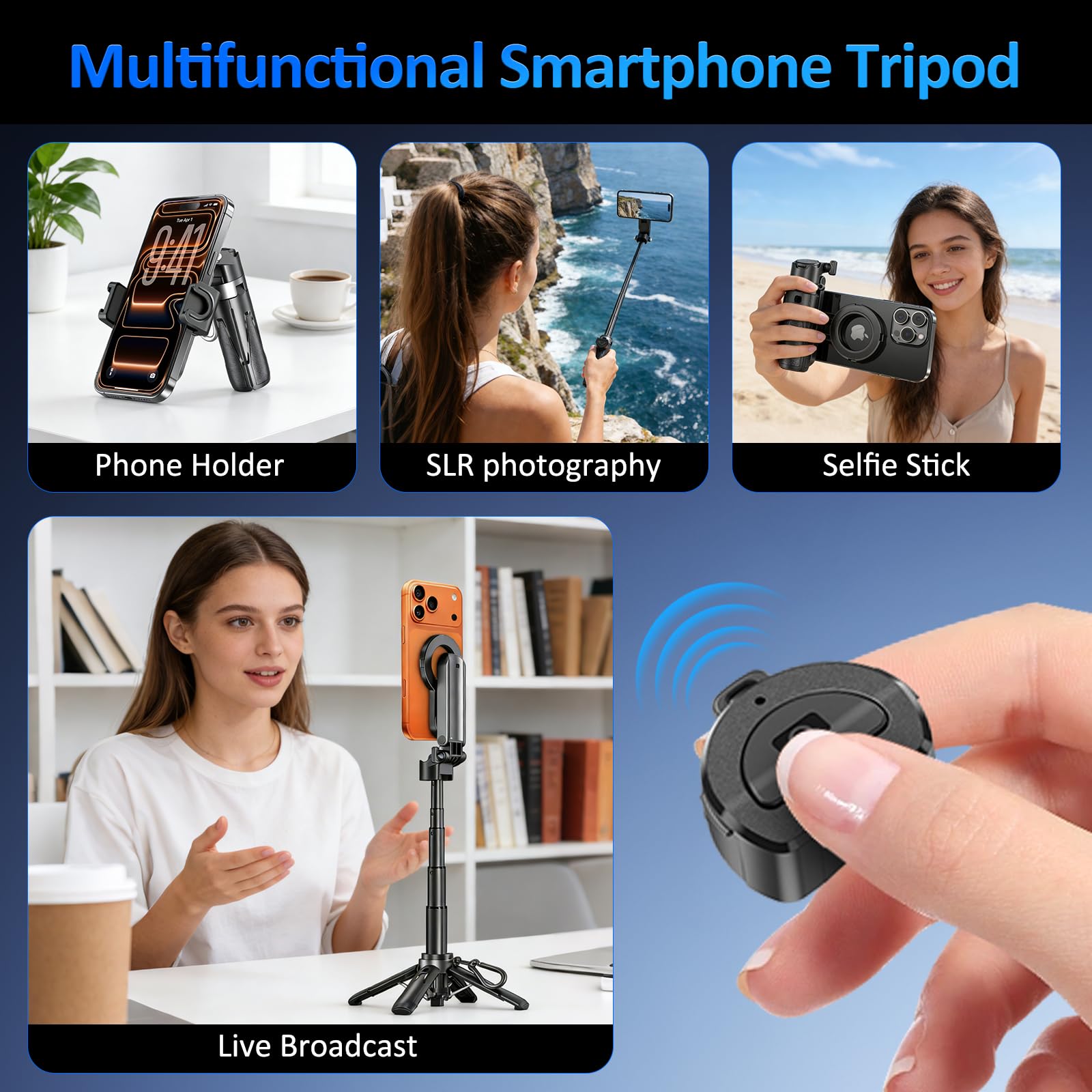 Bastone Selfie Con Magnetico E Morsetto A Molla, Treppiede per Cellulare Bluetooth 4 in 1, Impugnatura Per Telefono, Mini Quadrupode Telescopico Per iPhone/Android, Rotazione A 360 Gradi.