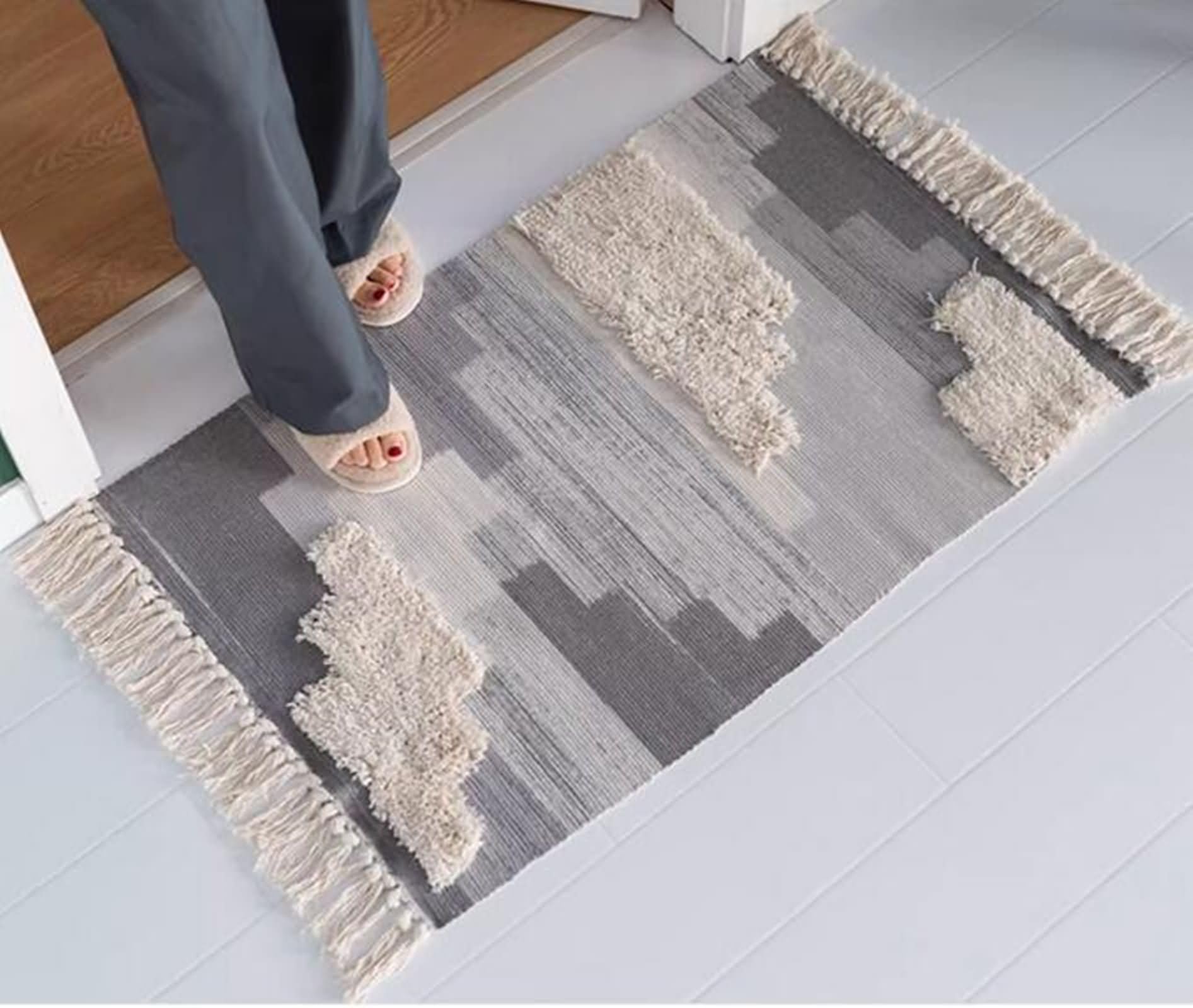 Tappeto Piccolo Camera Da Letto, 60x90CM Cotone Rettangolare Tappeto Soggiorno Lavabile, Astratto, Grigio, Stile 3
