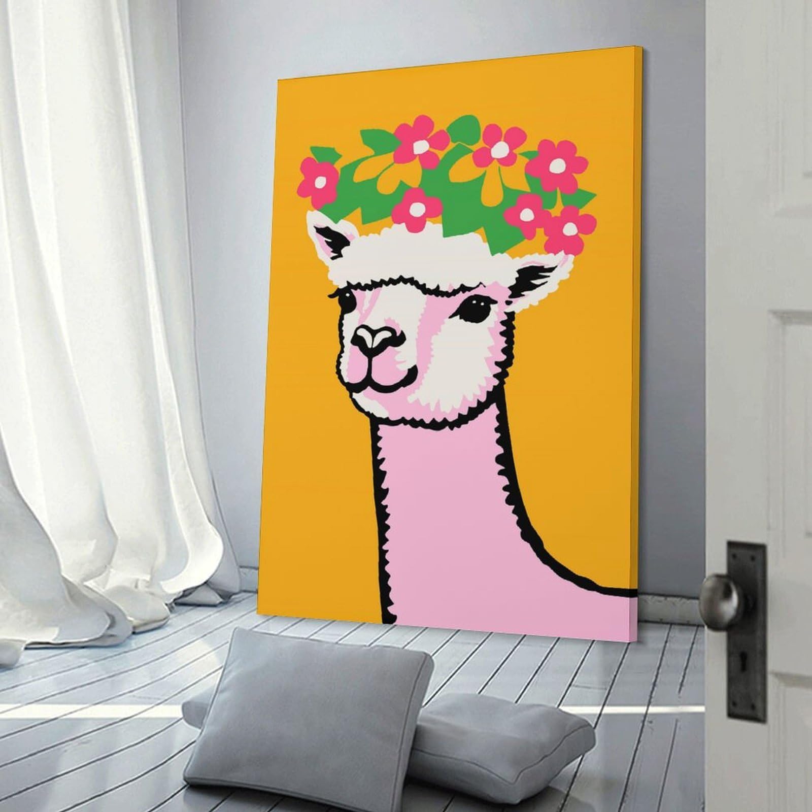 Junmoney Alpaca with Flower Crown Canvas Art Print, 24x36inch(60x90cm), for Wall Displays, Bedrooms Or Room Updates, Home Wall Art for Statement Displays
