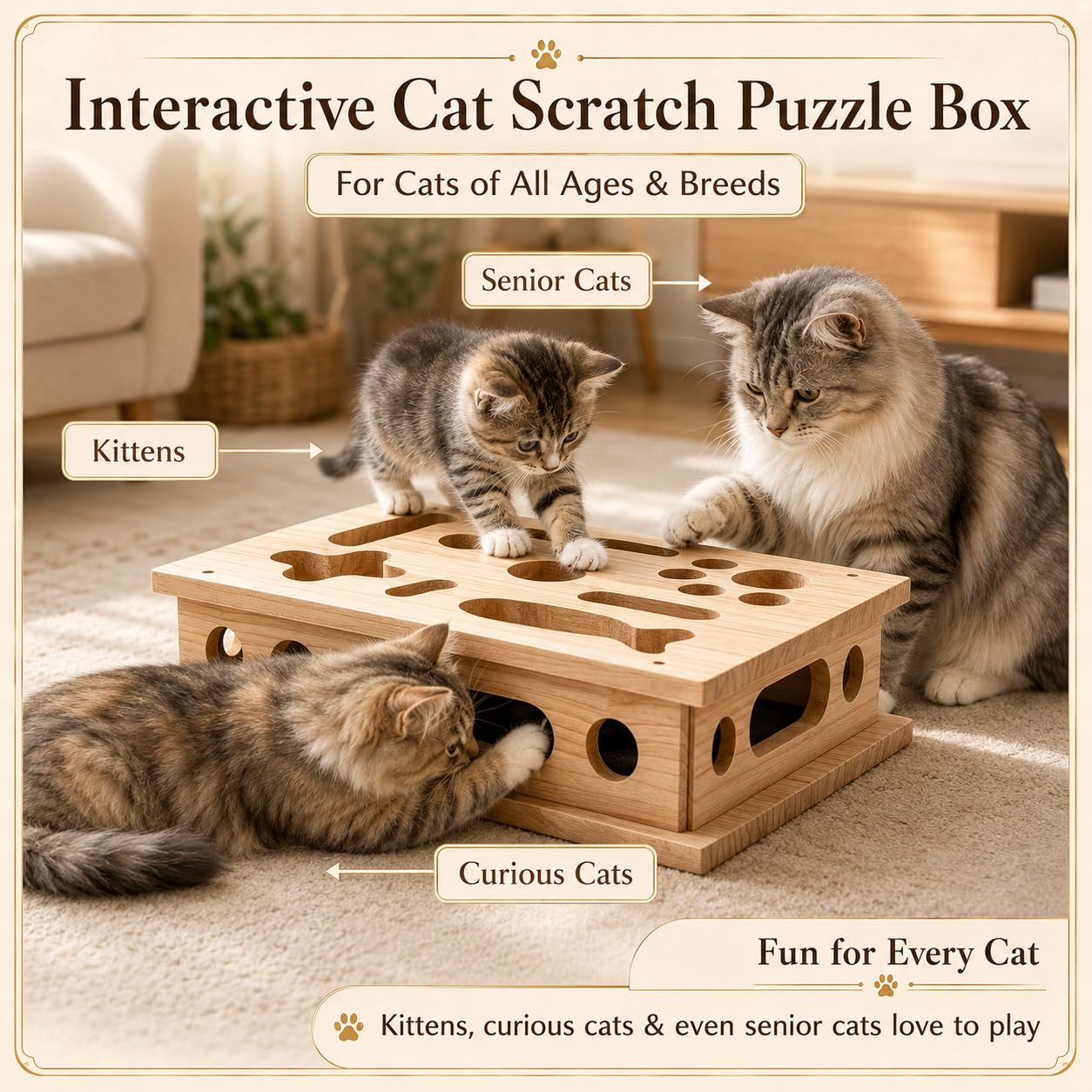 Boîte d'Enrichissement pour Chat, Boîte à griffer en Bois pour Chat, Grand Jouet d'enrichissement, 39 x 30 cm, Jouet Chat Interieur en Bois avec Lime à Ongles, Papier de Verre et 3 balles