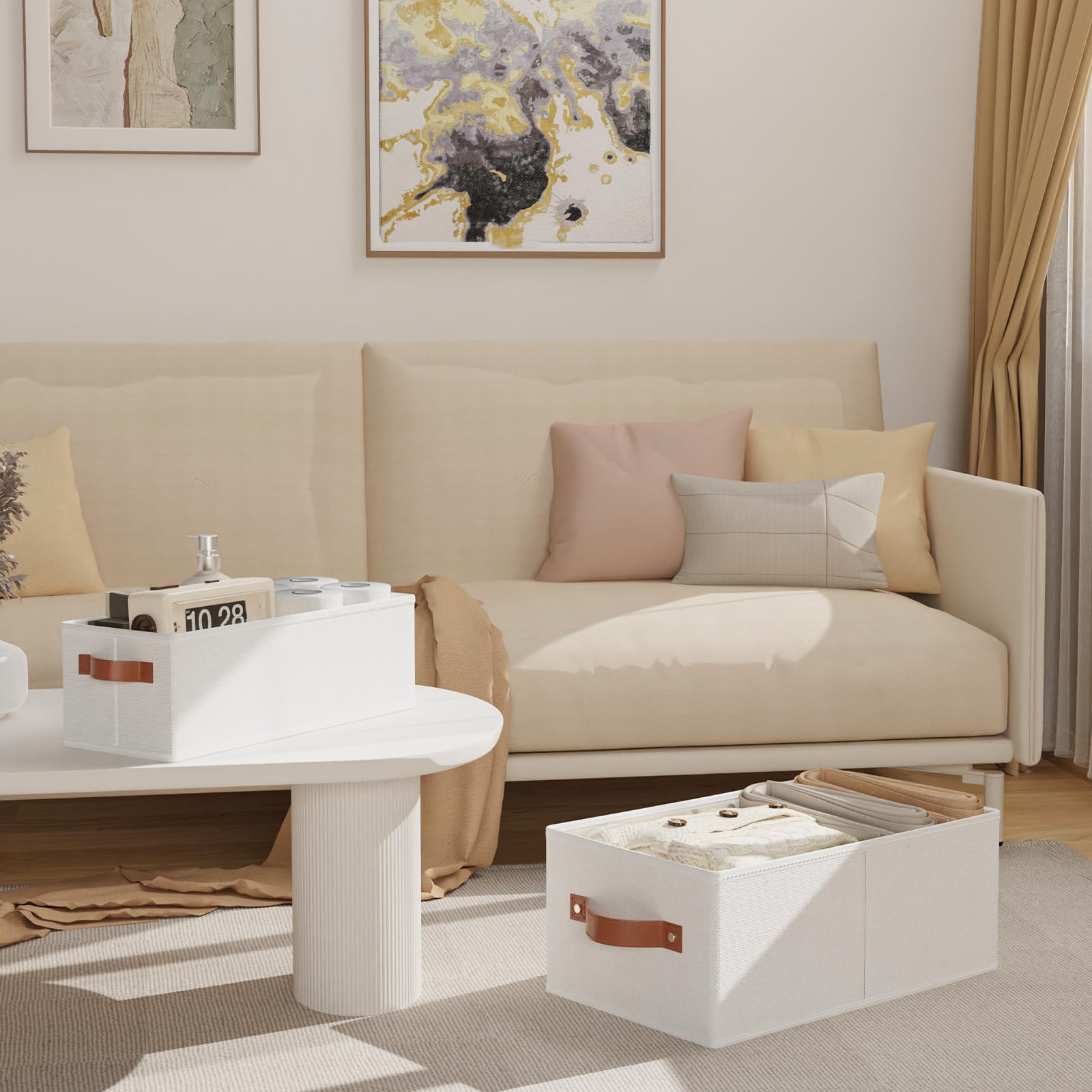 OUTBROS 6 Pack Paniers Rangement Tissu avec Poignée, 38x15.5x13cm, Blanc | Boite Rangement Vetement en non tissé et PP plaque, Pliable Casiers Pour Armoire, Vêtements, Livres, Cosmétiques