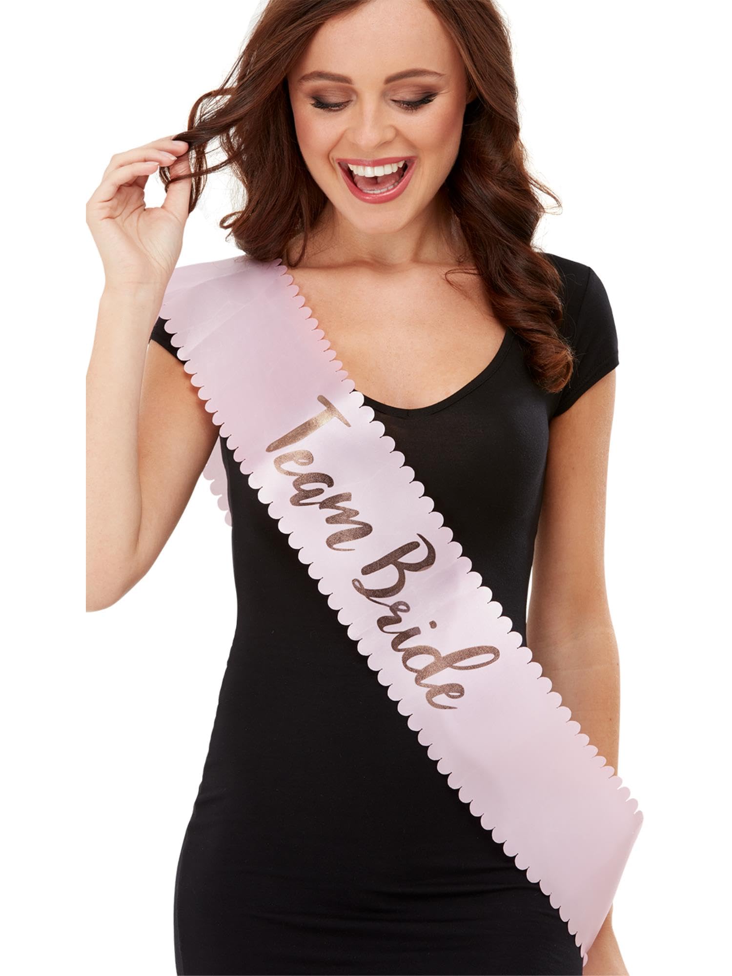 Smiffys Team Bride Sash, Pink & Gold with Scalloped Edge, Hen & Stag Night Fancy Dress, Adult Dress Up Accessories Halloween