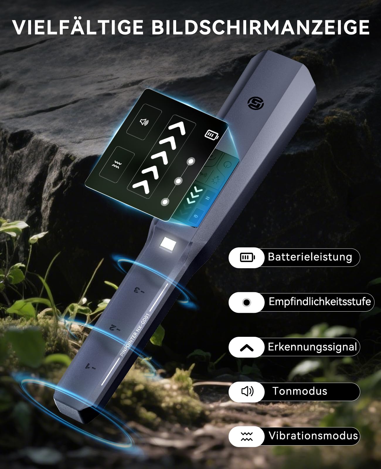 SUNPOW Pinpointer Metalldetektor Profi Exklusiv für Erwachsene,800MAH Wiederaufladbare Lithium Batterie, Voll IP68 Wasserdicht, Upgraded Chip & LCD Bildschirm, 4 Modi, 3 Licht mit SOS