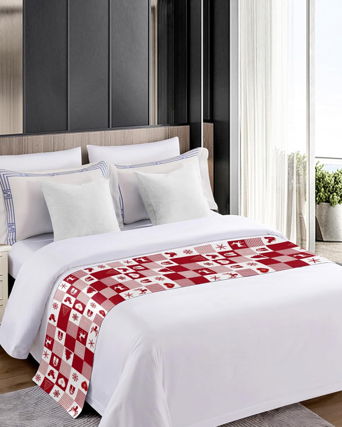 Bed Runner Scarf, Christmas Elk Snowflakes Red Buffalo Plaid King Bed Bedding Scarves Cover Decorative Bed Scarf for Home Hotel Guesthouse Bedroom Wedding Room Guestrooms 83"x20"