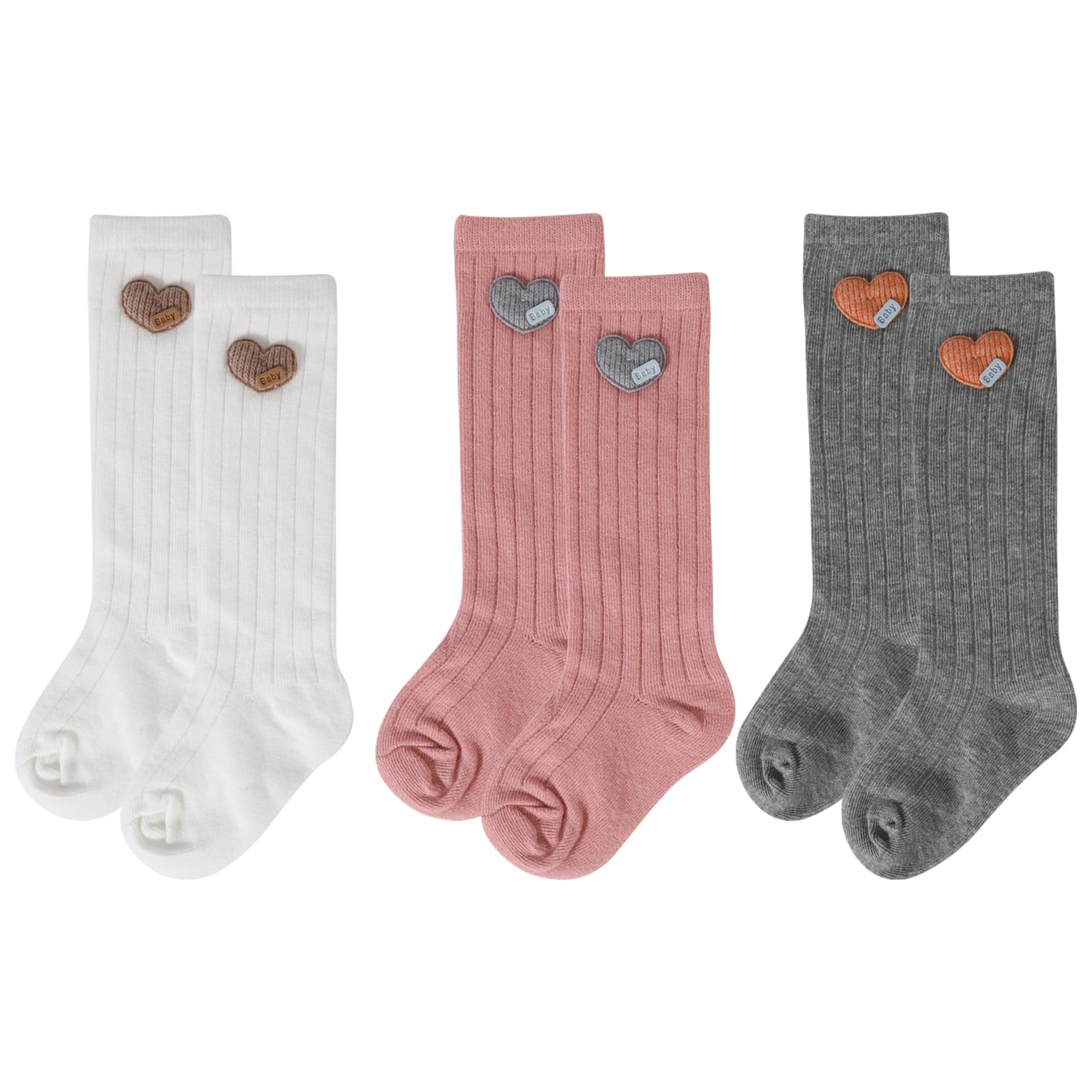 QKURT 3 Pares de Calcetines Hasta la Rodilla para Niñas, Calcetines Hasta la Rodilla de Punto de Algodón para Niños Pequeños, Calcetines Largos para Bebés de 0 a 4 Años