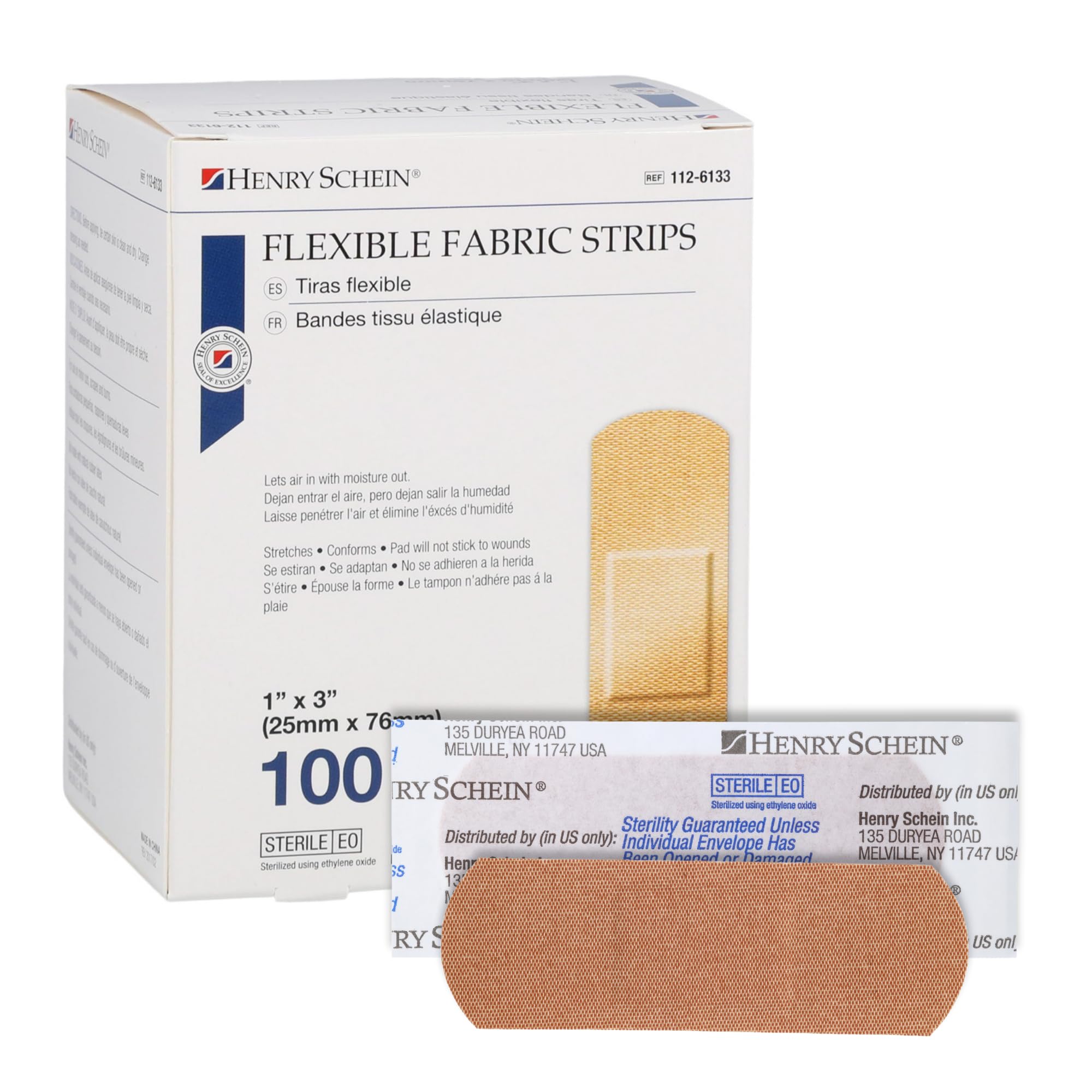 Henry Schein Sterile Adhesive Fabric Bandages, 1" x 3" – Box of 100 Flexible, Breathable Strips – Soft, Stretchable Wound Covers for First Aid,