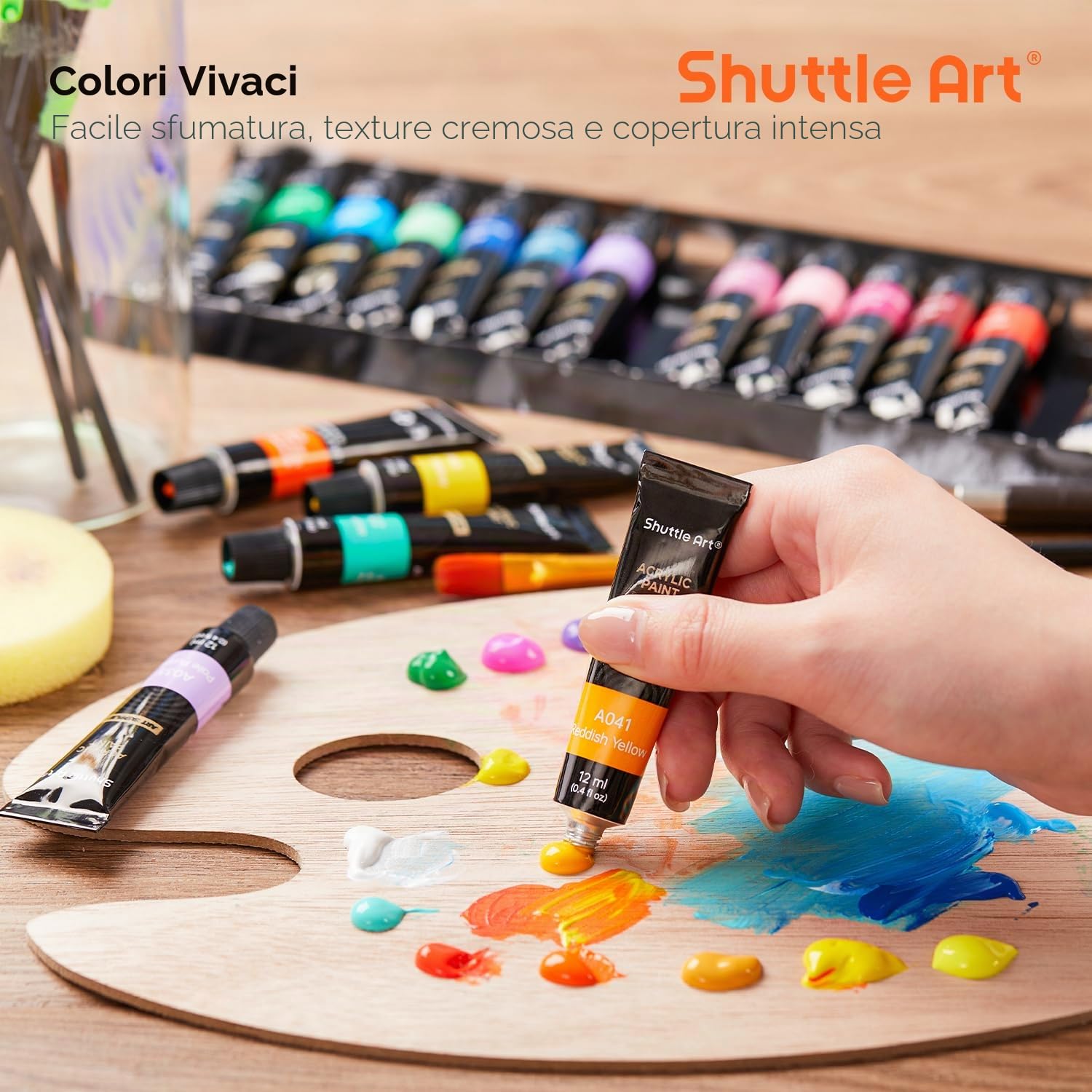 Shuttle Art Colori Acrilici per Dipingere 46 Pezzi, 12ml X 30 Set Colori Acrilici con 10 Pennelli, 1 Paletta, 1 Spugna, 3 Tela, 1 Spatola, Set Pittura Professionale per Principianti, Adulti e Bambini