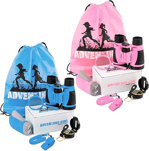 Adventure Kidz - Kit de exploración al aire libre, binoculares, linterna, brújula, silbato, lupa, paquete de mochila (14 artículos)