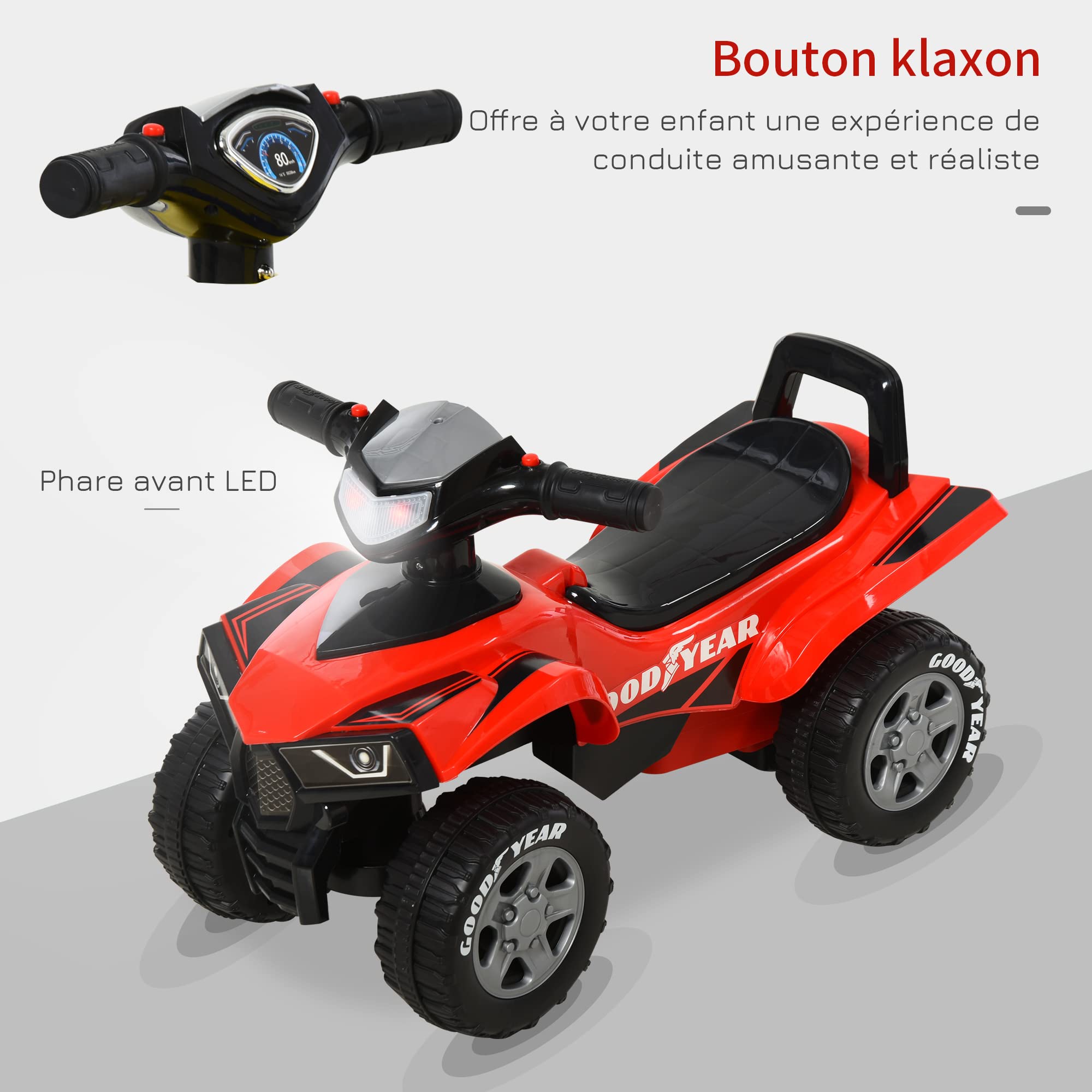 HOMCOM Porteur Enfants Quad 18-36 Mois dim. 60L x 31l x 42H cm Effets Lumineux et sonore Rouge Noir