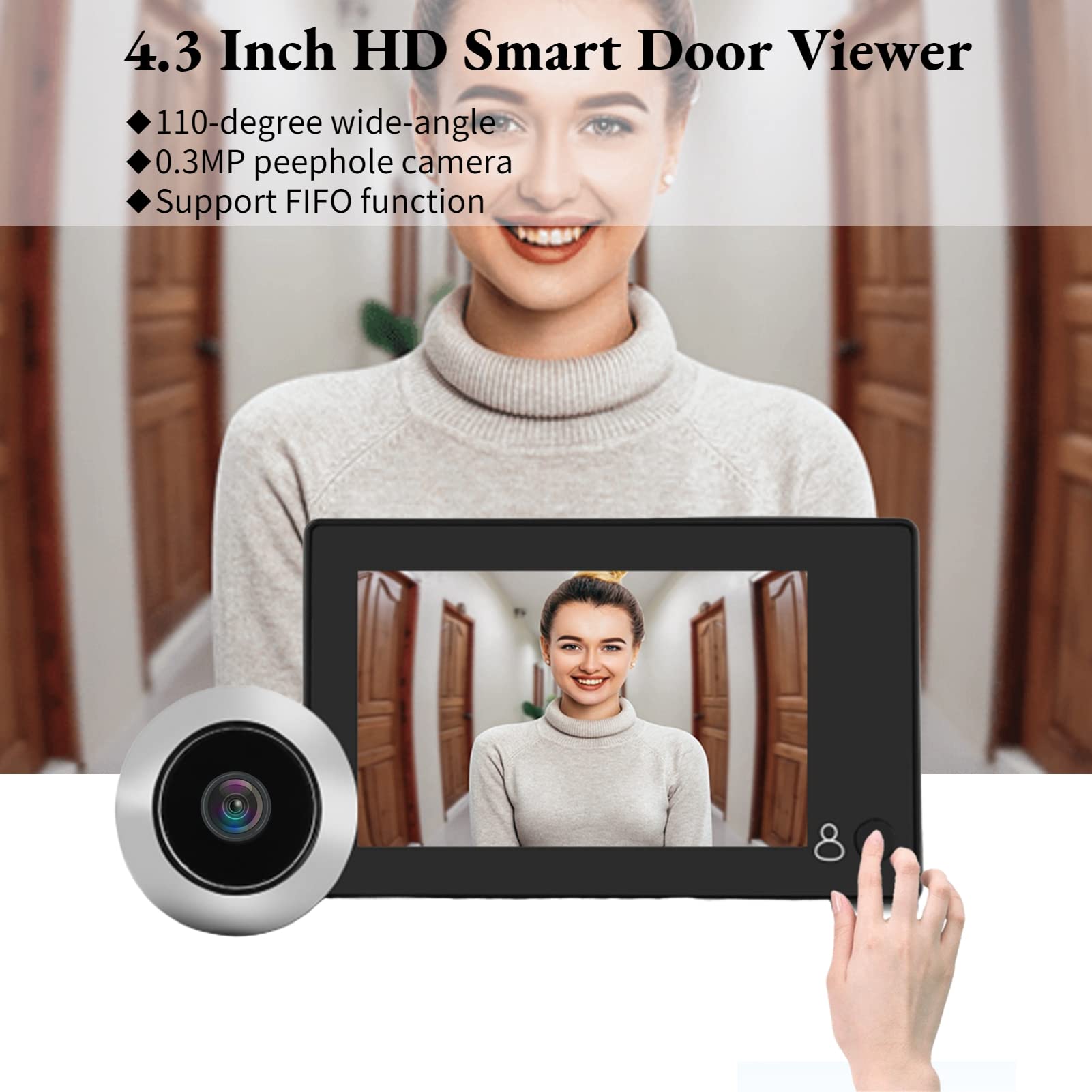 Mirilla de Video LCD en Color TFT de 4.3", 145 ° Gran Angular Smart HD Visor de Puerta Cámara Soporte Foto