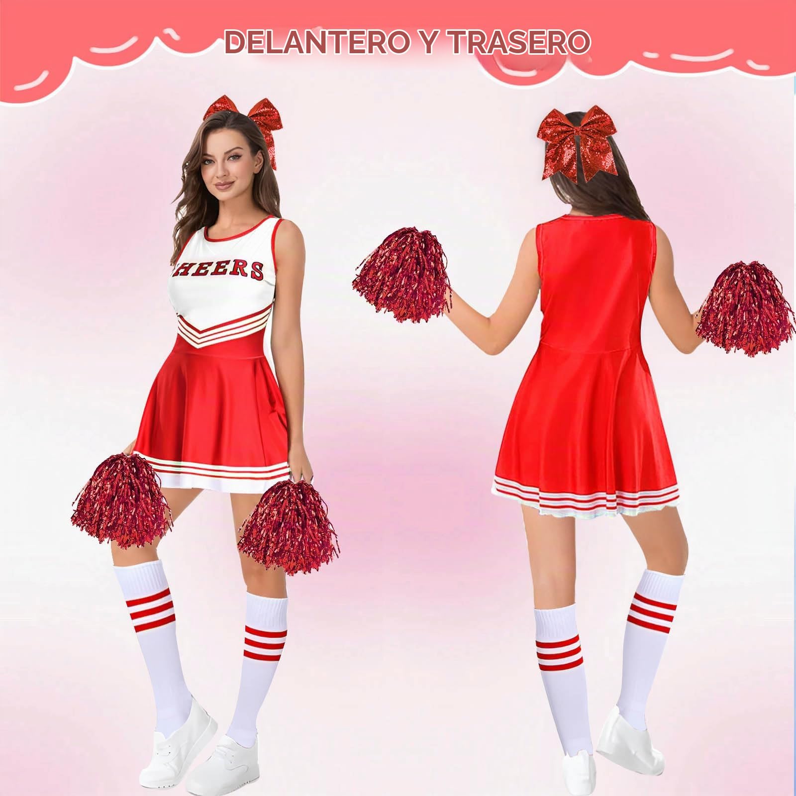 GUBOOM Disfraz de Animadora Mujer Adulta, Disfraz Halloween Mujer de Animadora con Pompones, Calcetines y Lazo para el Cabello, Disfraz Animadora Mujer Para Disfraces, Cosplay