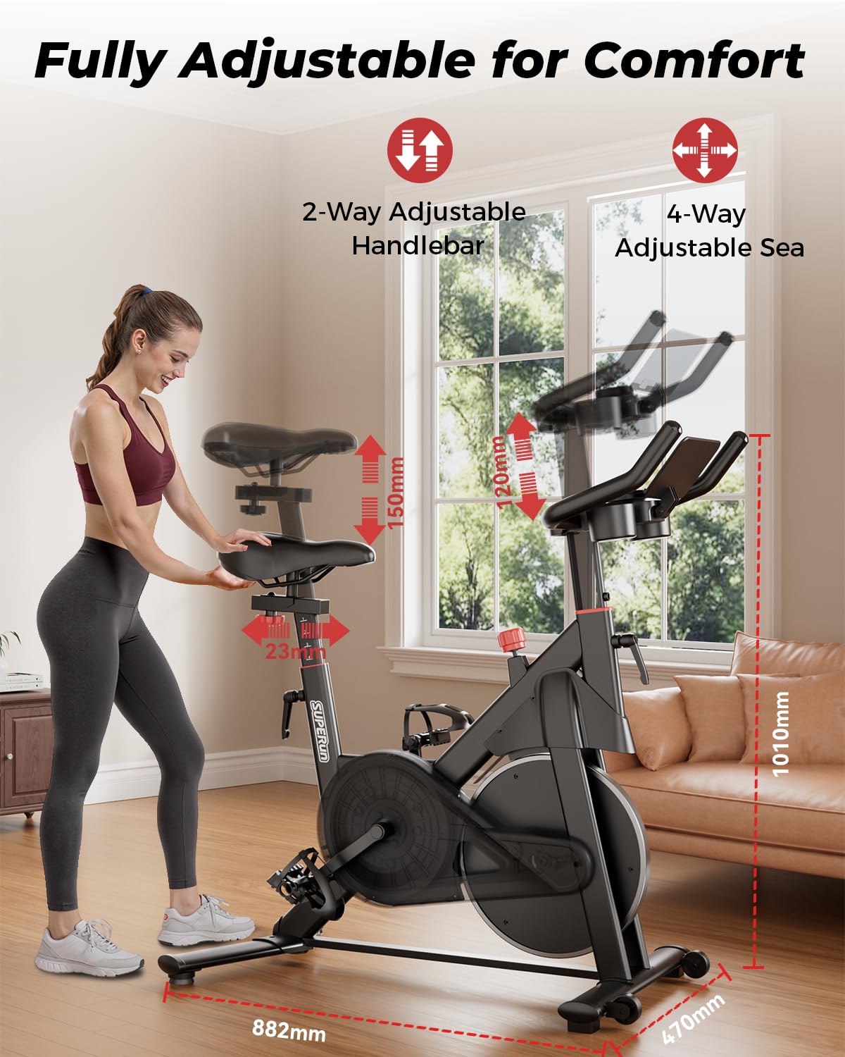 Superun Cyclette con Resistenza Magnetica Regolabile, Bicicletta Spinning per Casa con Display LCD, APP e Monitoraggio Dati, Cyclette Statica Portata 136 kg