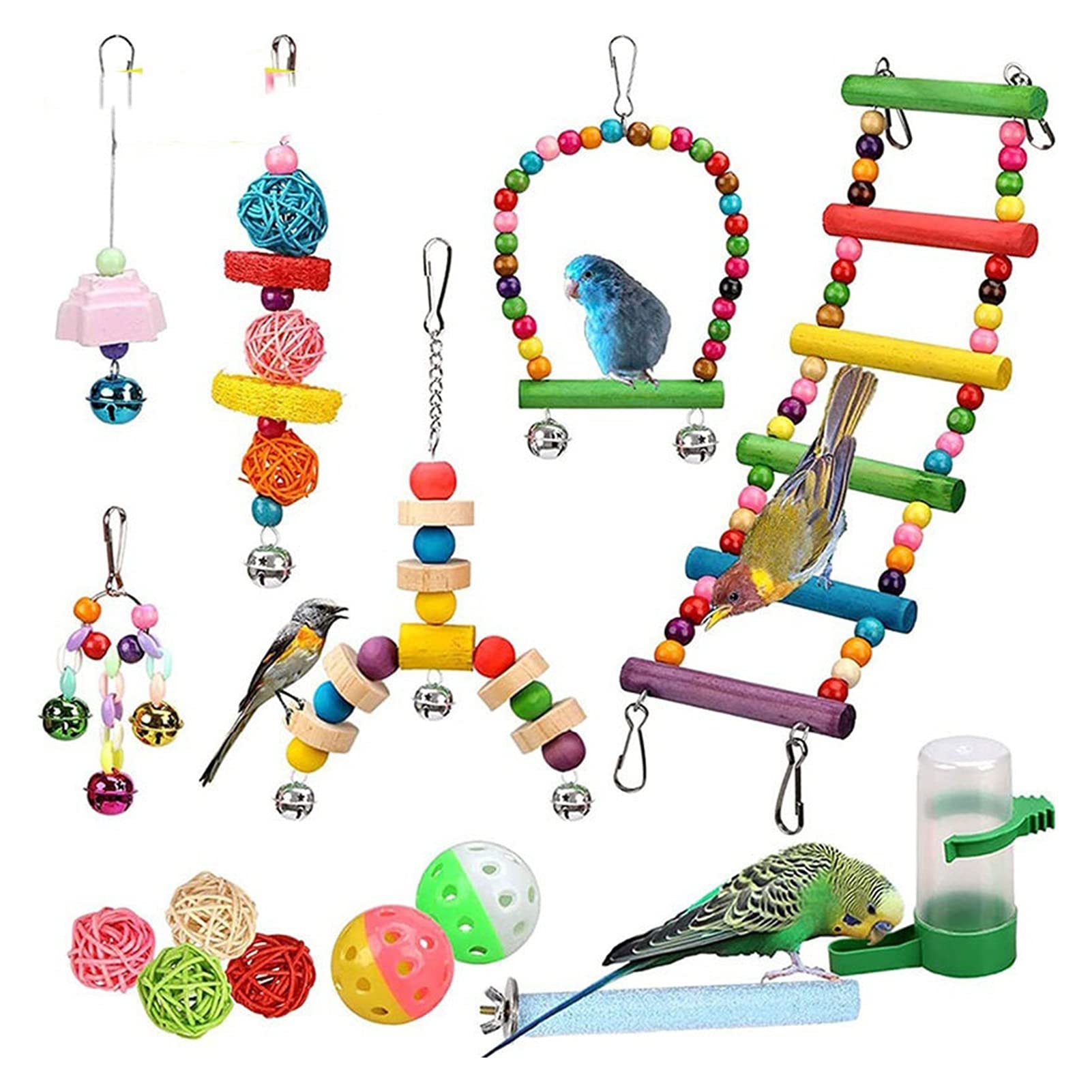Vogelspielzeug 14 stücke Vogel Spielzeug Set Swing Chewing Training Spielzeug Kleine Papagei Hängende Hängematte Papagei Käfig Bell Barch Spielzeug mit Leiter