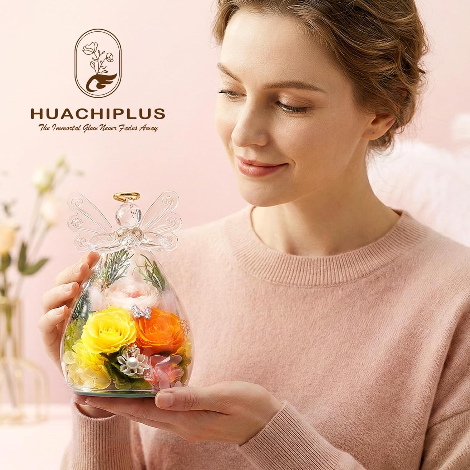 Forever Angel Roses-Valentines Day Gifts for Women Mom Wife Grandma- Eternal Flowers in Glass Angel-Flowers for Delivery Prime | for Valentines Anniversary Birthday Mothers Day (Orrange1) - Image 7