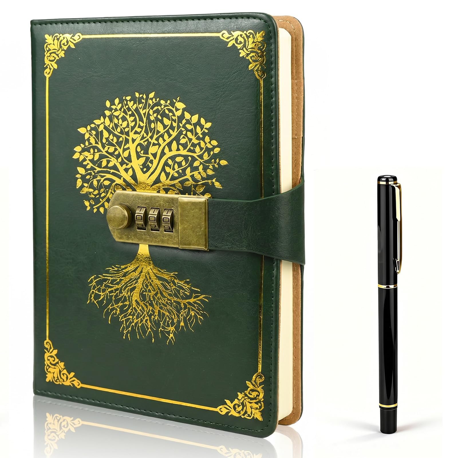 HUANYO A5 Password Notebook with Lock – Vintage PU Leather Journal, 200 Lined Pages, Secret Diary Lockable with Pen for Women, Girls, Men, Students (green)