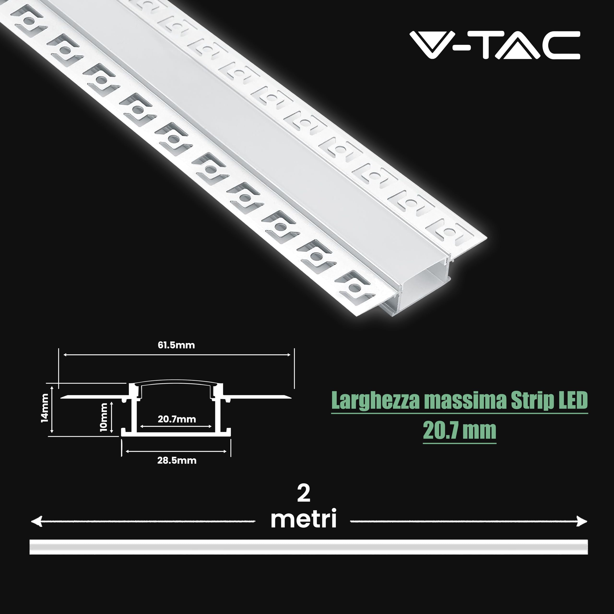 V-TAC 2x Profili per Strisce Led da 2 METRI a Scomparsa con Diffusore - (4 Metri Totali) - Profilo per Cartongesso da Parete e Soffitto a Incasso - Alluminio - Misure 61,5 x 14 mm - Apertura: 20,7 mm