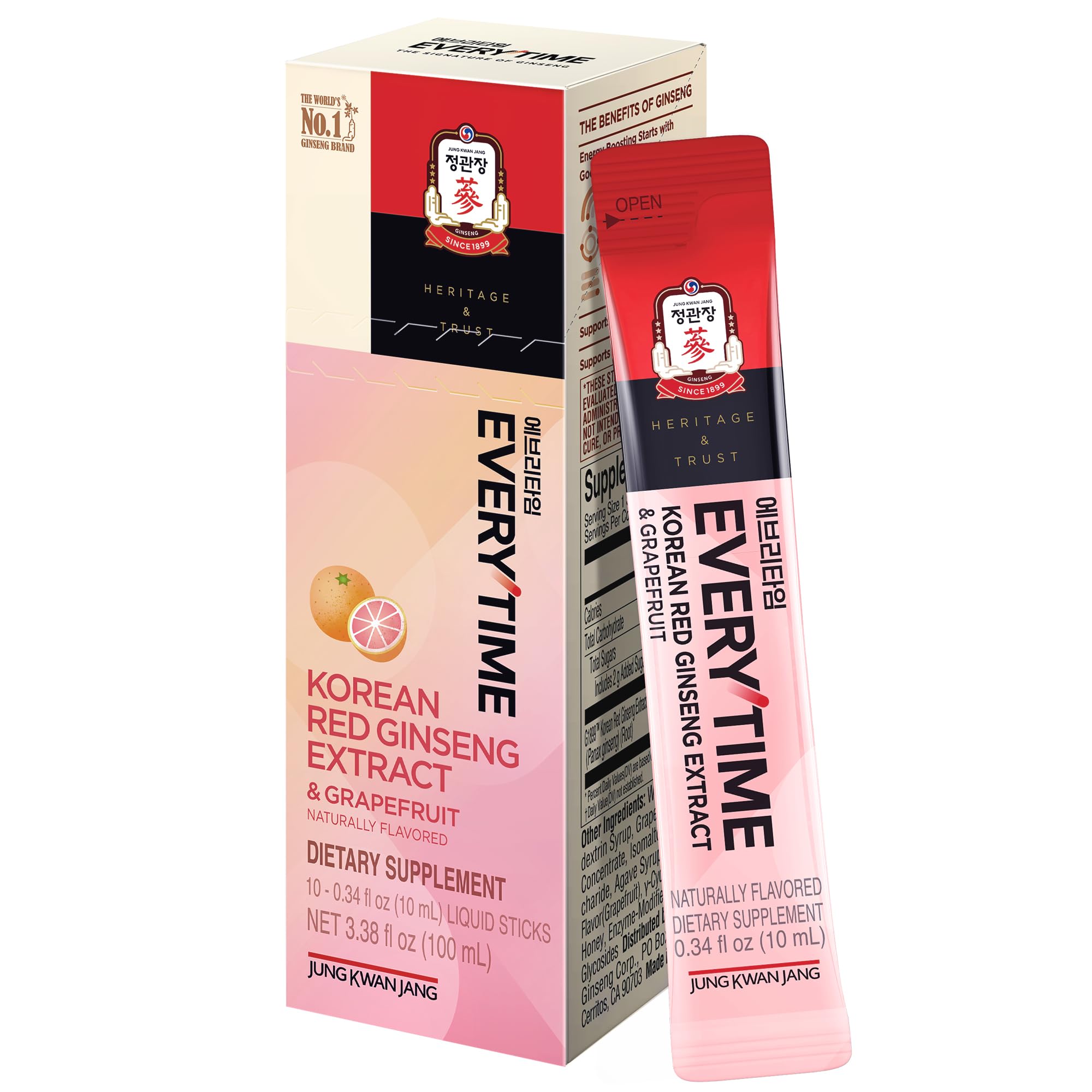JUNG KWAN JANG Everytime Korean Red Ginseng Extract 1,000mg & Grapefruit - Vegan Ginseng Root Energy Drink Liquid Stick Supplements - Builds Stamina & Immunity, No Caffeine (10 Sticks, 0.34 fl oz)