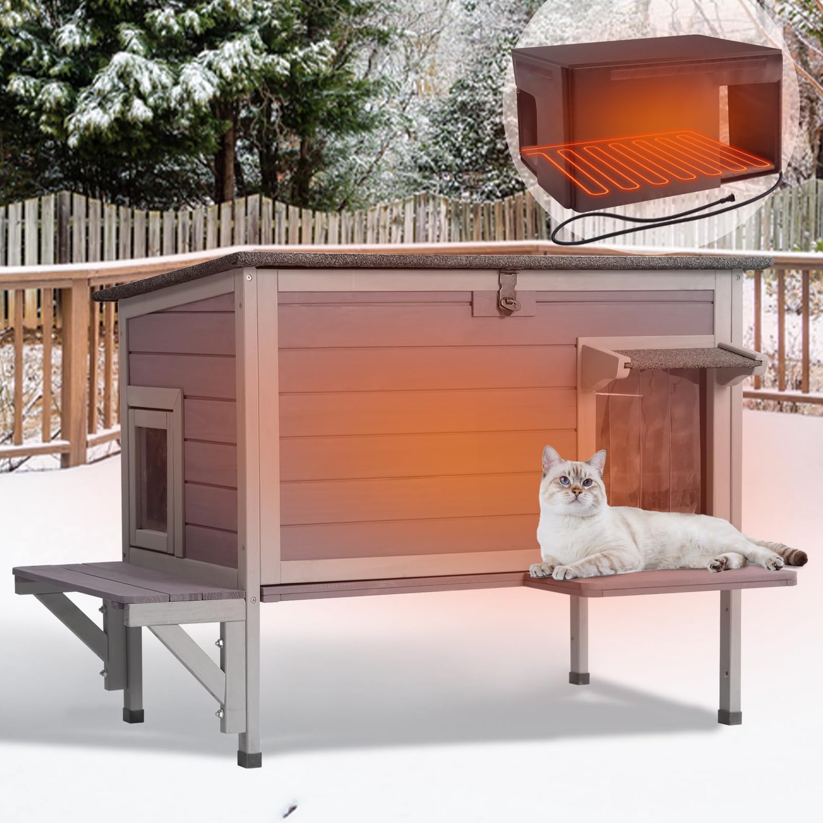 GUTINNEEN Heated Cat House Outside with Anti-Chewing Cable Insulated Cat House Outdoor with Liner Feral Cat Shelter with Heater Waterproof