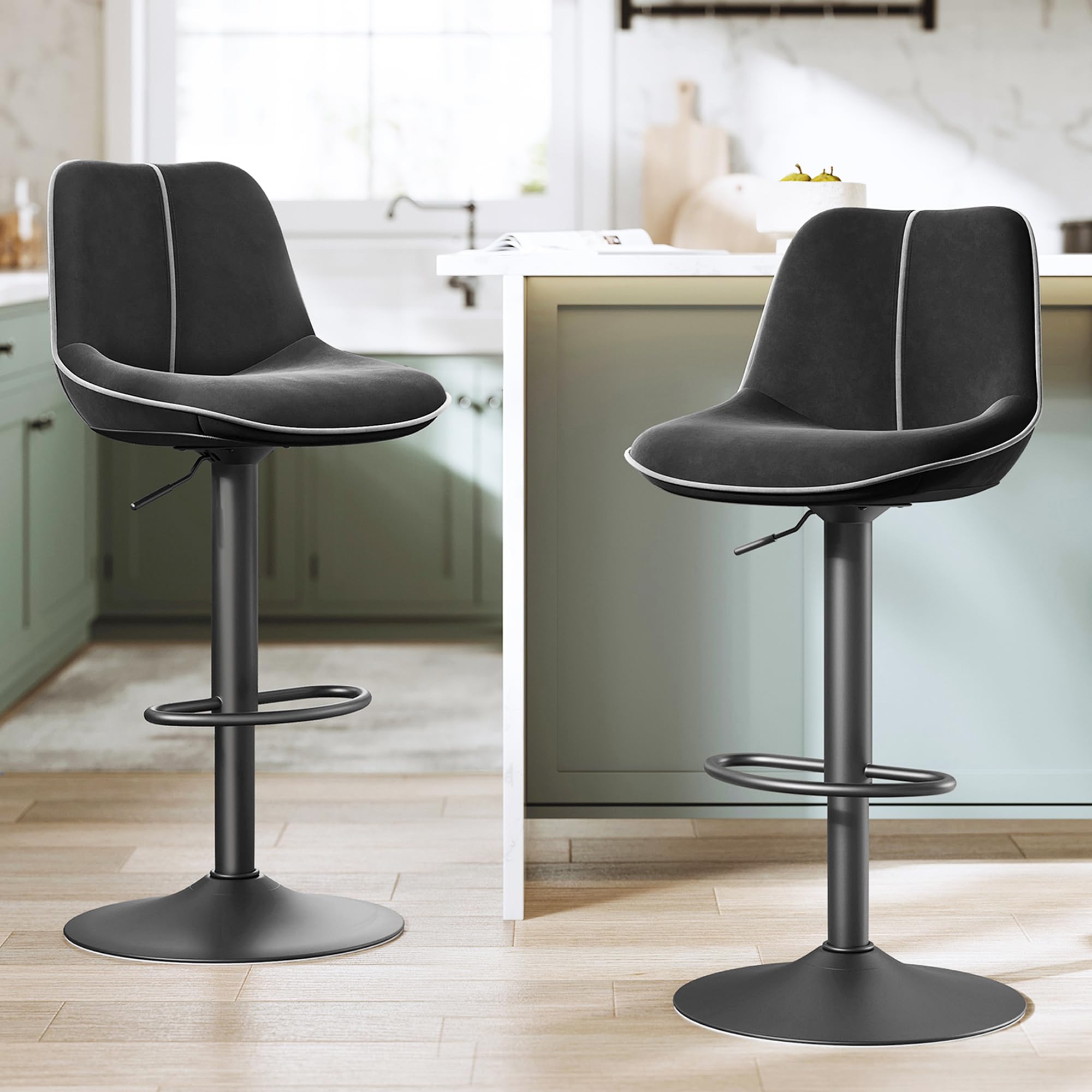 VASAGLE Bar Stools Set of 2 Swivel Height Adjustable Ergonomic Backrest Velvet Metal Base Modern Kitchen Island Bar Stools Black LJB188B01