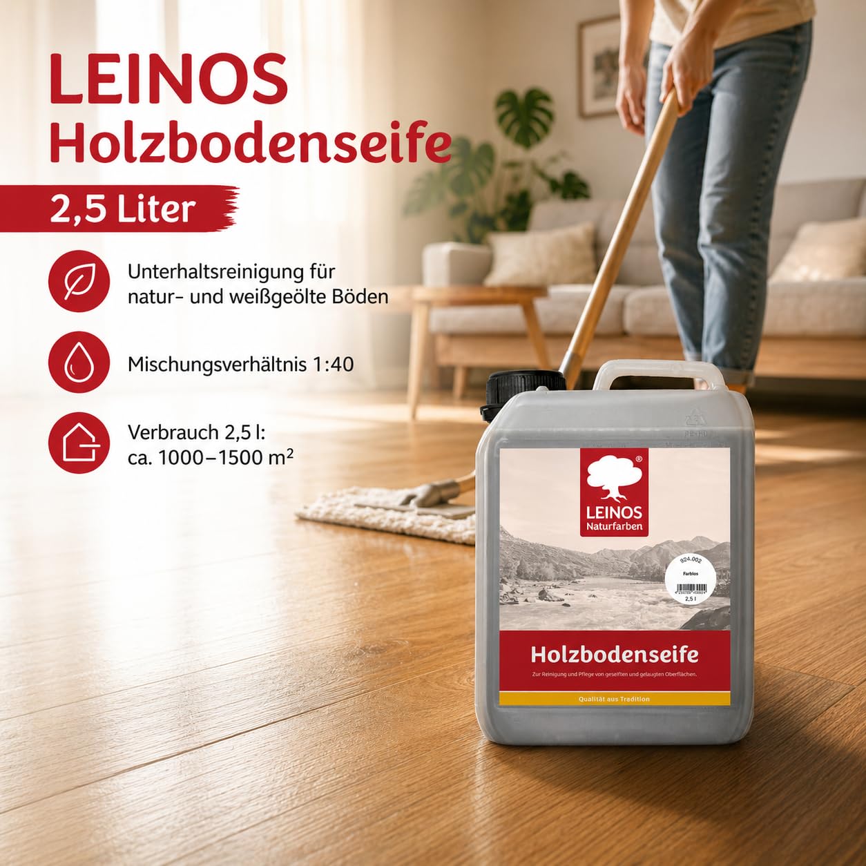 LEINOS Holzbodenseife 924 farblos 2,5 Liter– Erstbehandlung & Unterhaltsreinigung für gelaugte/geseifte Weichholzböden | rückfettend, hochkonzentriert | für Innenflächen