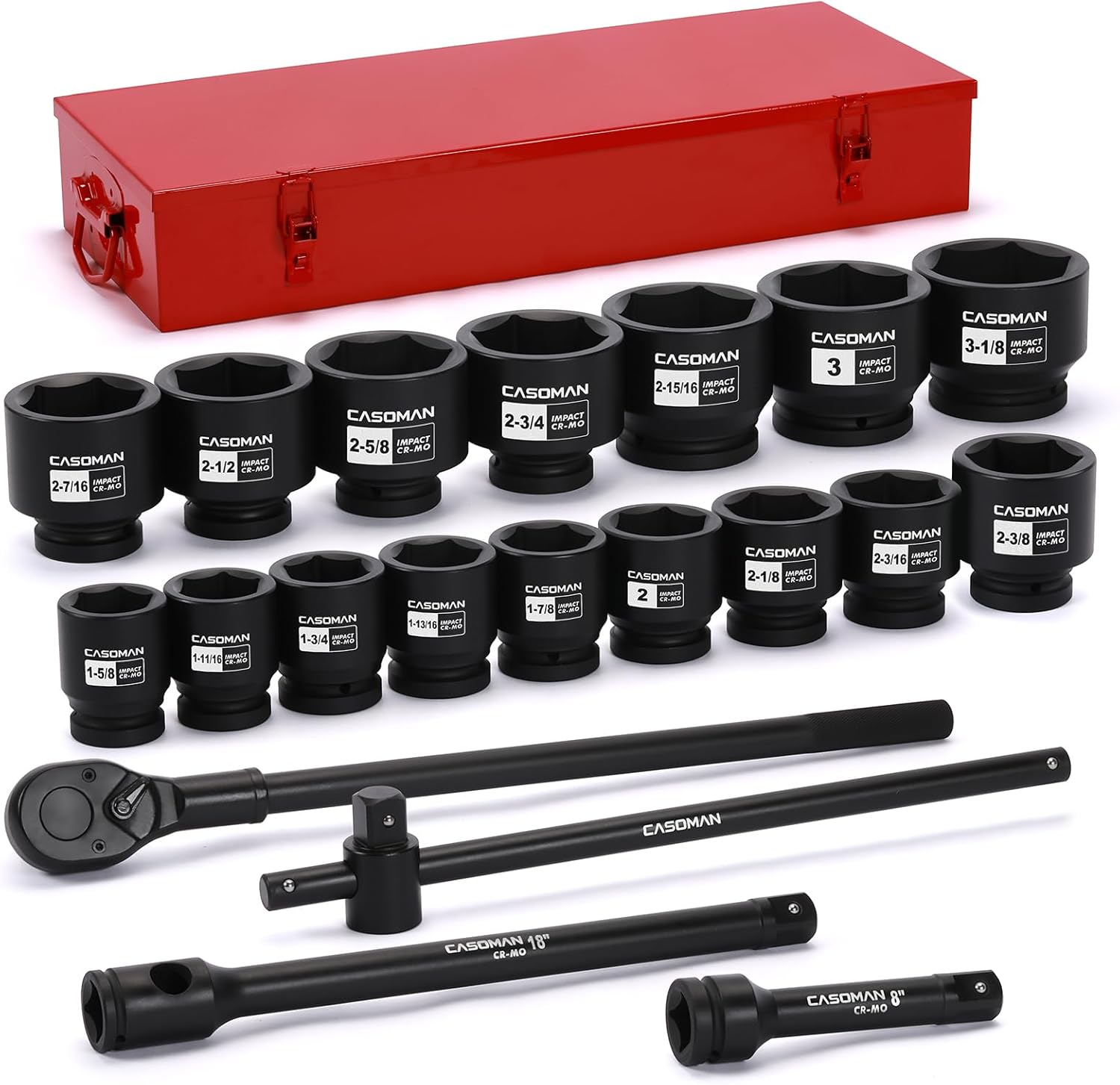 CASOMAN 21-Piece 1" Drive Jumbo Impact Socket Set, 6-Point, Shallow Large Socket Set, SAE (1-5/8" to 3-1/8"), Includes Extension Bars, Ratchet, CR-MO Steel