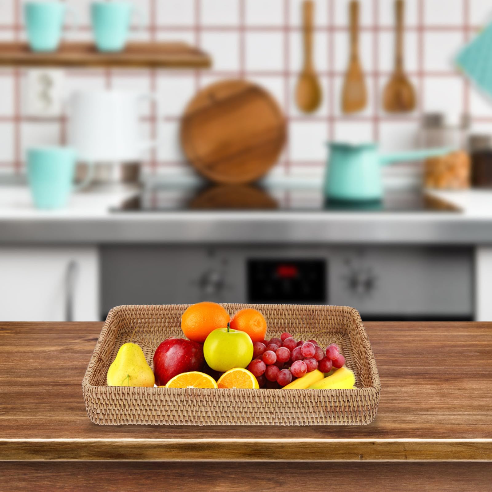 Bandeja de Servicio de Ratán Rectangular con Diseño Bohemio, Hecha a Mano para Desayuno y Decoración de Mesa de Centro