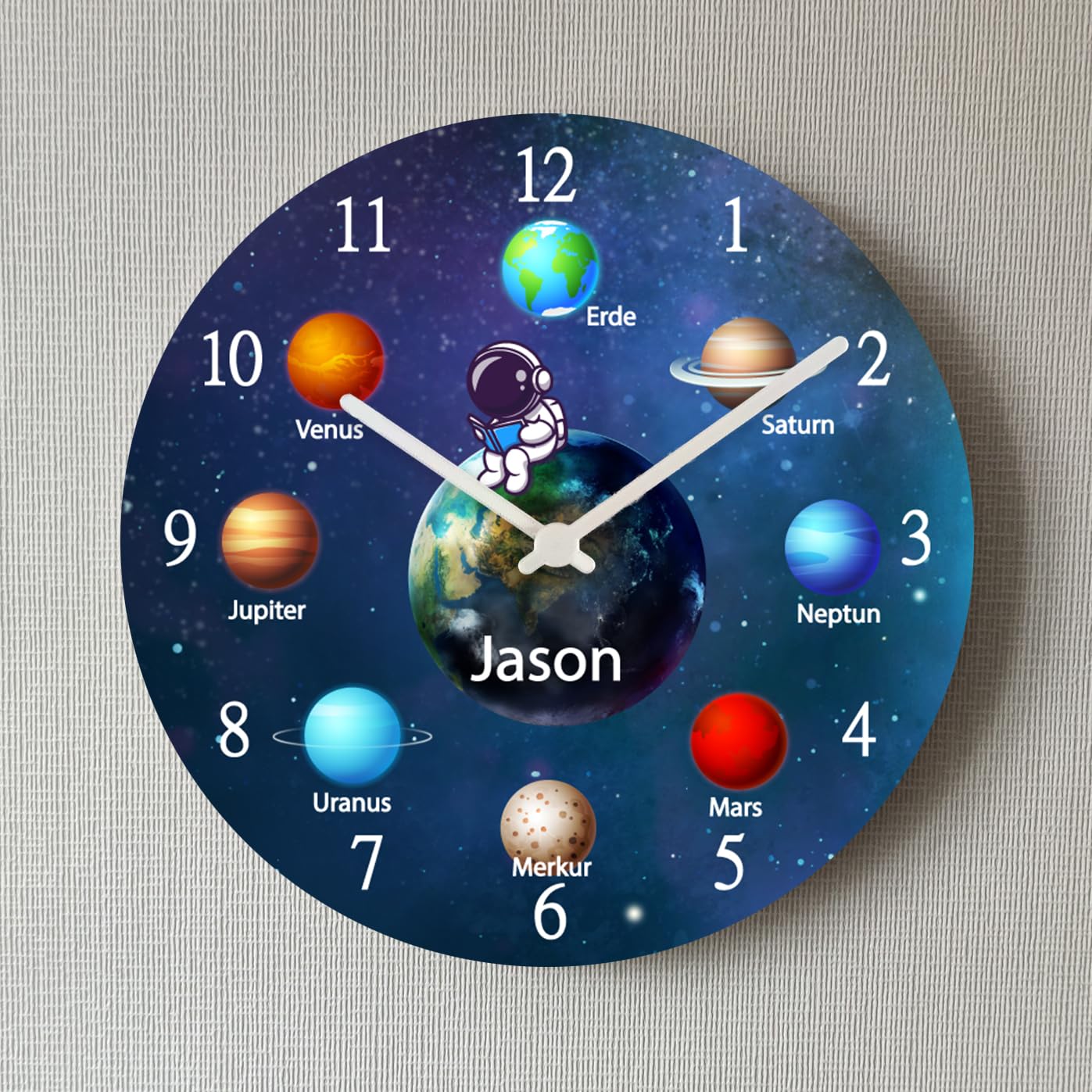 Kinderwanduhr Planeten Astronaut Universum Lernuhr Wanduhr personalisiert Namen Schulanfang Weltall