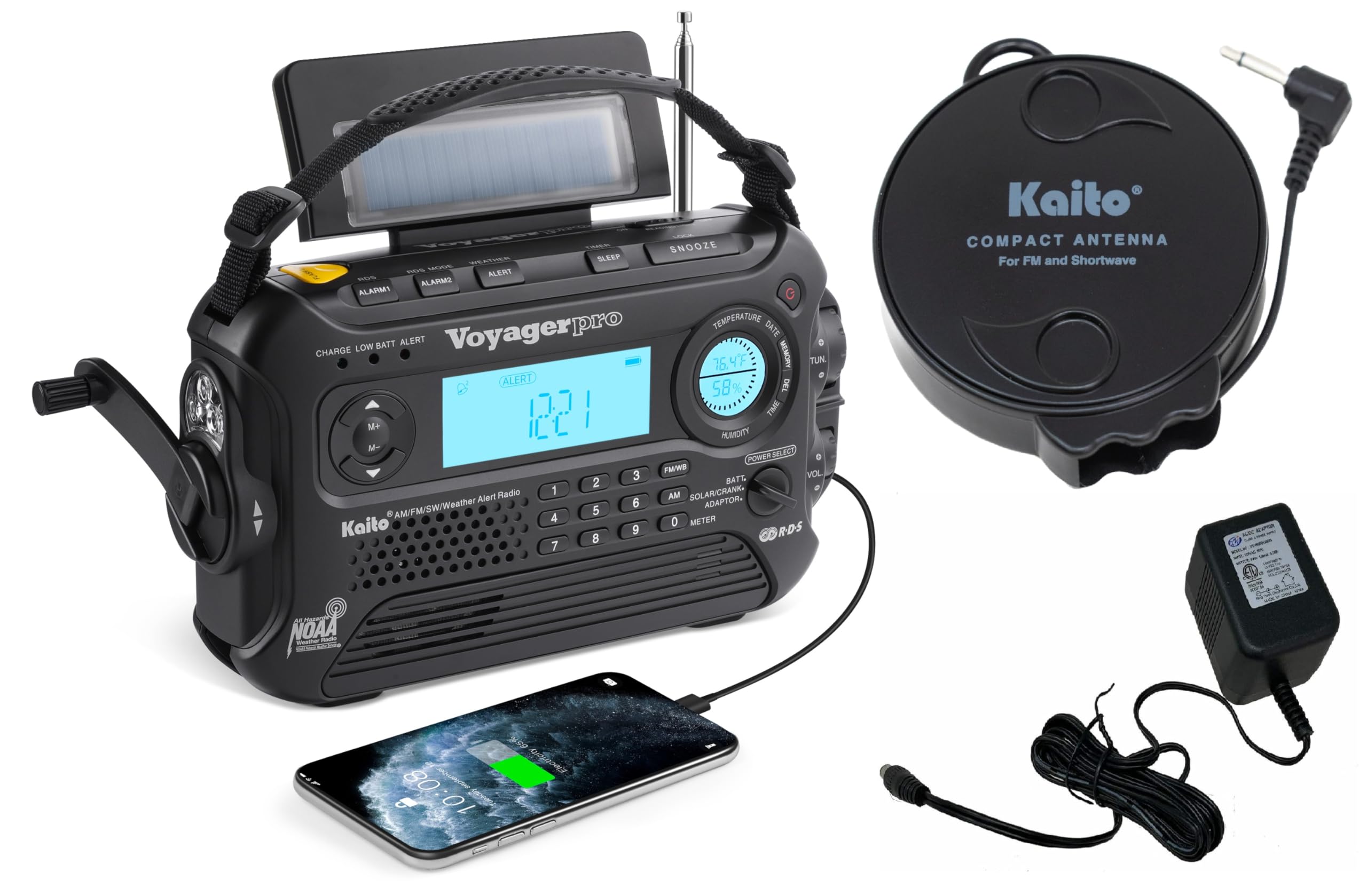 KA600 Black Solar/Crank AM/FM/SW NOAA Weather Radio, Bonus AC Adapter/Charger, 5-LED Reading lamp, 3-LED Flashlight, Thermometer & Humidity Meter (