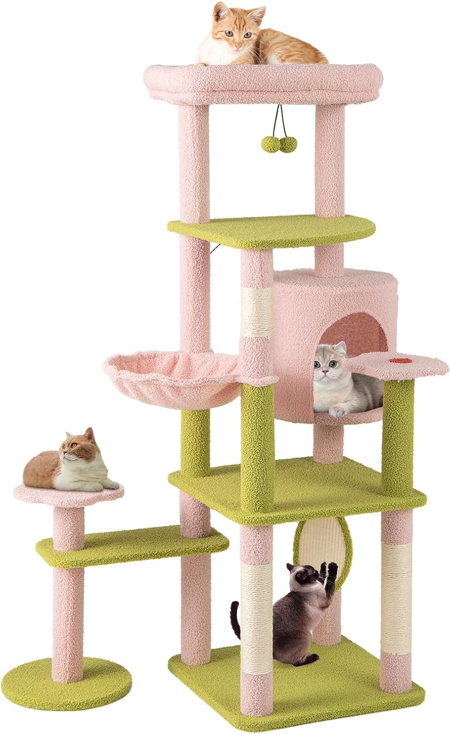 Tangkula Flower Cat Tree, 58 Inch Tall Cat Tower with Plush Padded Top Perch, Cat Condo, Hammock, Sisal Scratching Posts & Board, Dangling Balls, Indoor Pink Floral Cute Cat Tree