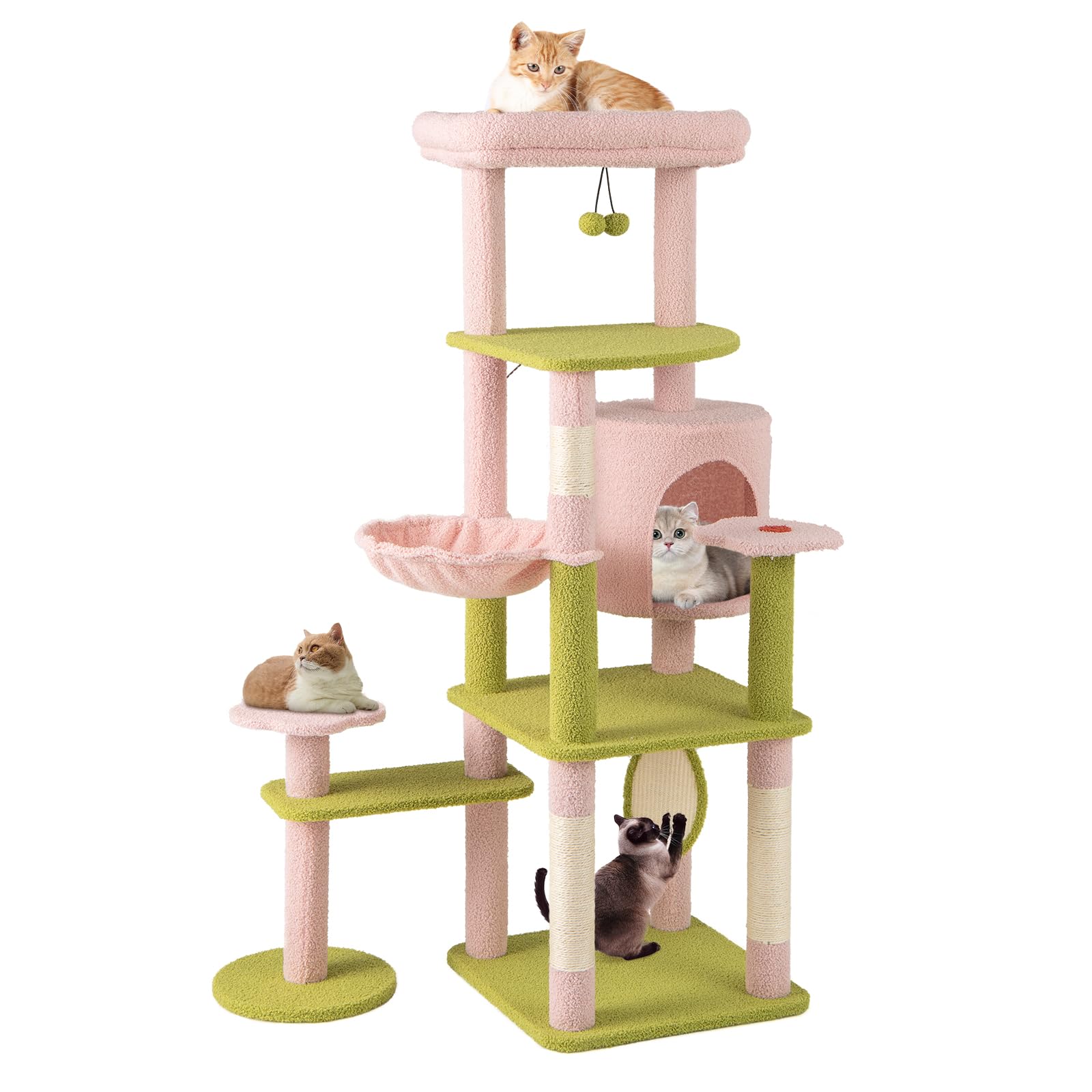 COSTWAY Tiragraffi per Gatto Alto 150 cm Stile Floreale, Albero Tiragraffi Gatti con Pali in Sisal, Piattaforme, Grotta e Pompon, Torre Gatto Rivestito in Peluche, Rosa e Verde