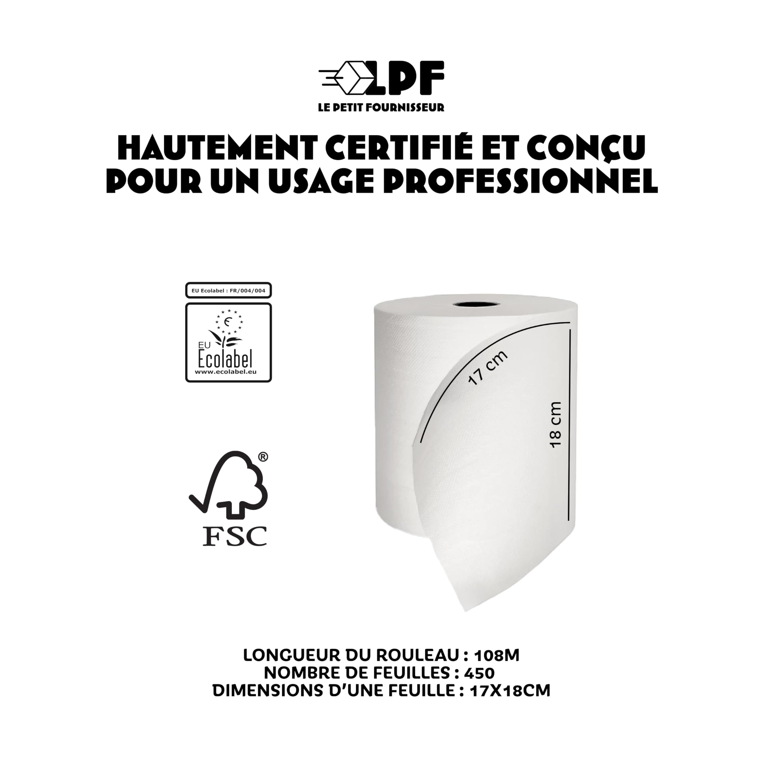 LPF LE PETIT FOURNISSEUR – Essuie-Tout Professionnel Dévidage Central – 450 Feuilles 18x18cm – Double Épaisseur Pure Ouate – Absorbant & Résistant – Contact Alimentaire – Made in France – Lot de 6