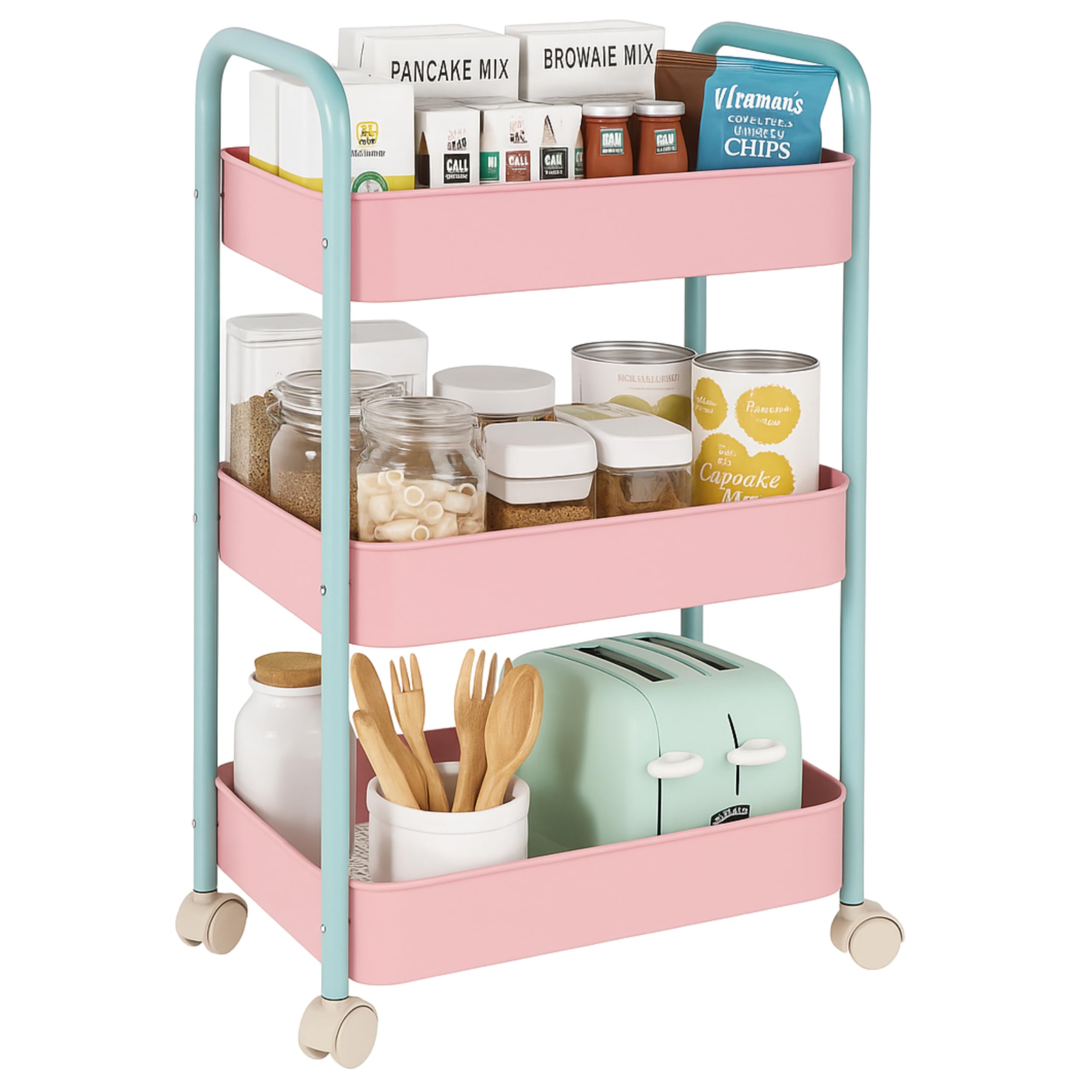 JIALTO 3-Tier Vegetable Rack for Kitchen Steel Trolley Cart, Metal Storage Rack with 4 Hook & Lockable Wheels, Multipurpose Storage Organizer with Home Kitchen Outdoor for Office & Home - Pink