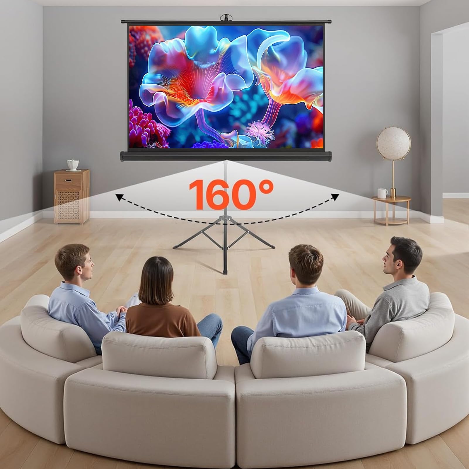 Schermo Proiettore con Treppiede, 4K HD Formato 16:9 Telo per Proiettore Leggera e Compatta, Grandangolo di 160 Gradi, per Casa, Home, Cinema, Esterno
