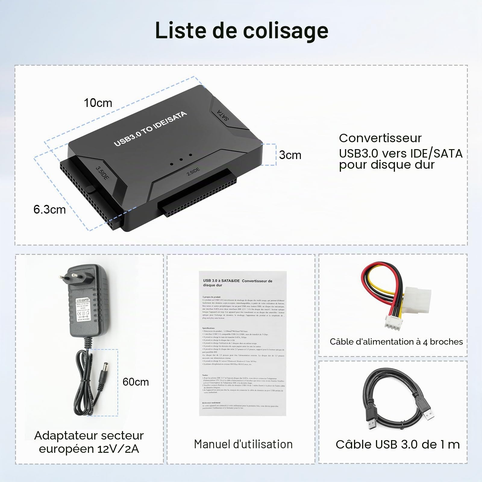 5Gbps Adaptateur Disque Dur USB 3.0 pour 2.5"/ 3.5" HDD/SSD, Convertisseur SATA et IDE Adaptateur de Disque Dur IDE/SATA pour Windows 11/10/8/7/XP/Vista avec Câble USB/Alimentation 12 V 2 A