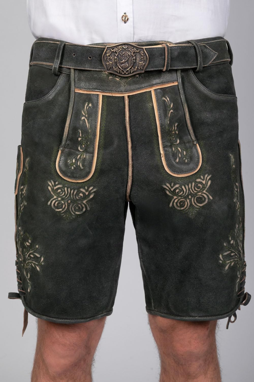 Edelnice Trachtenmode Kurze Wildbock Lederhose Friedl dunkel mit gruener Stickerei