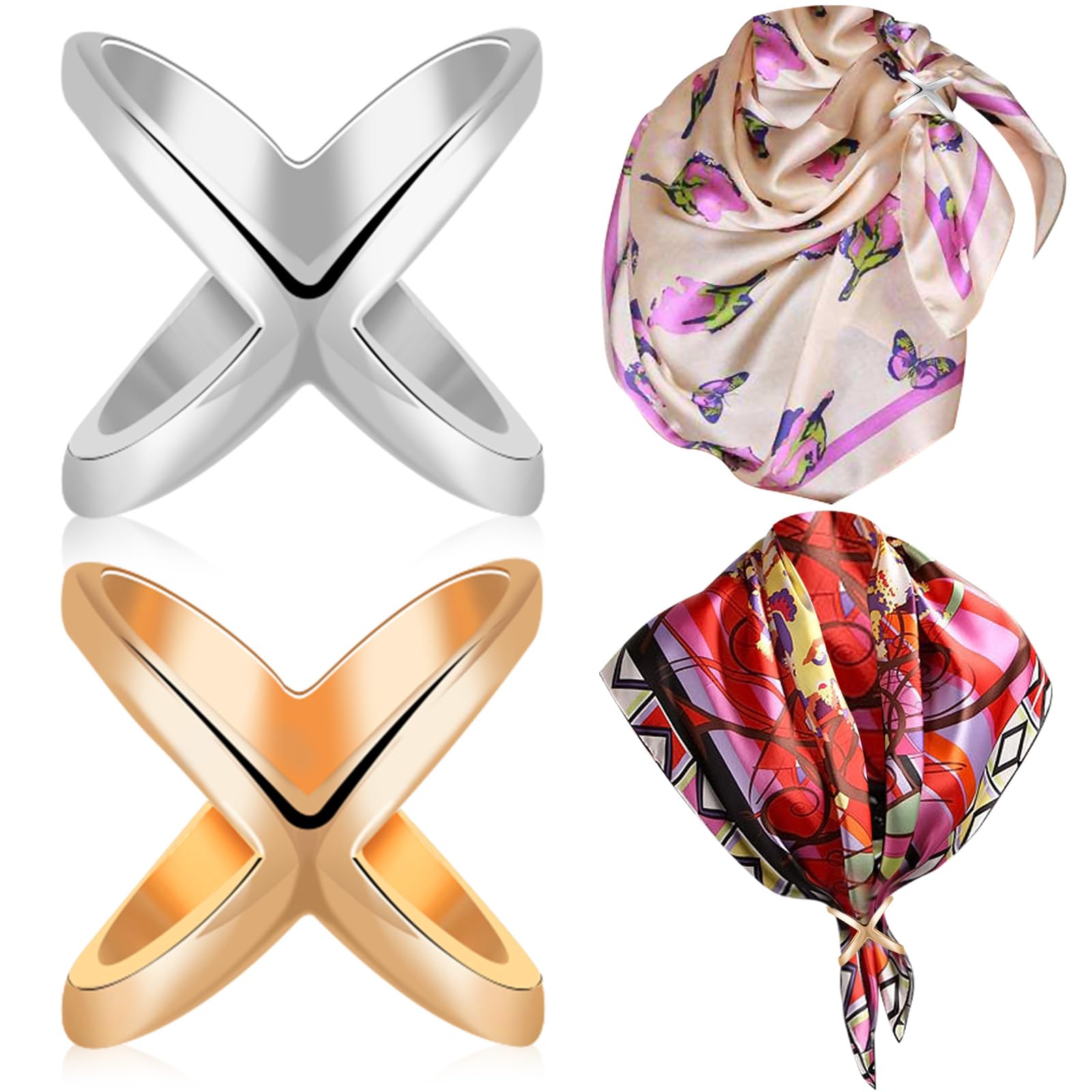SYWDUDUCLT Scarf Ring for Women's Shawl, Silk Neckerchief, Tshirt, Gold/Sivler, S/M/L, 2 Pcs