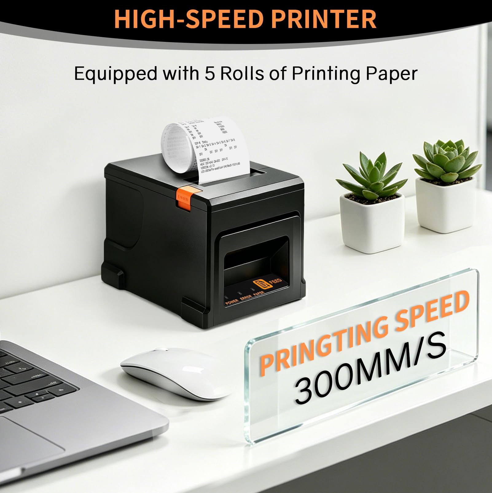 80 mm Thermodrucker POS, Kompatibel mit Windows/Mac-Systemen | 220-300mm/s, mit 5 Rollen Papier, Unterstützt Bluetooth- und USB-Verbindungen, Für Gastronomie & Einzelhandel