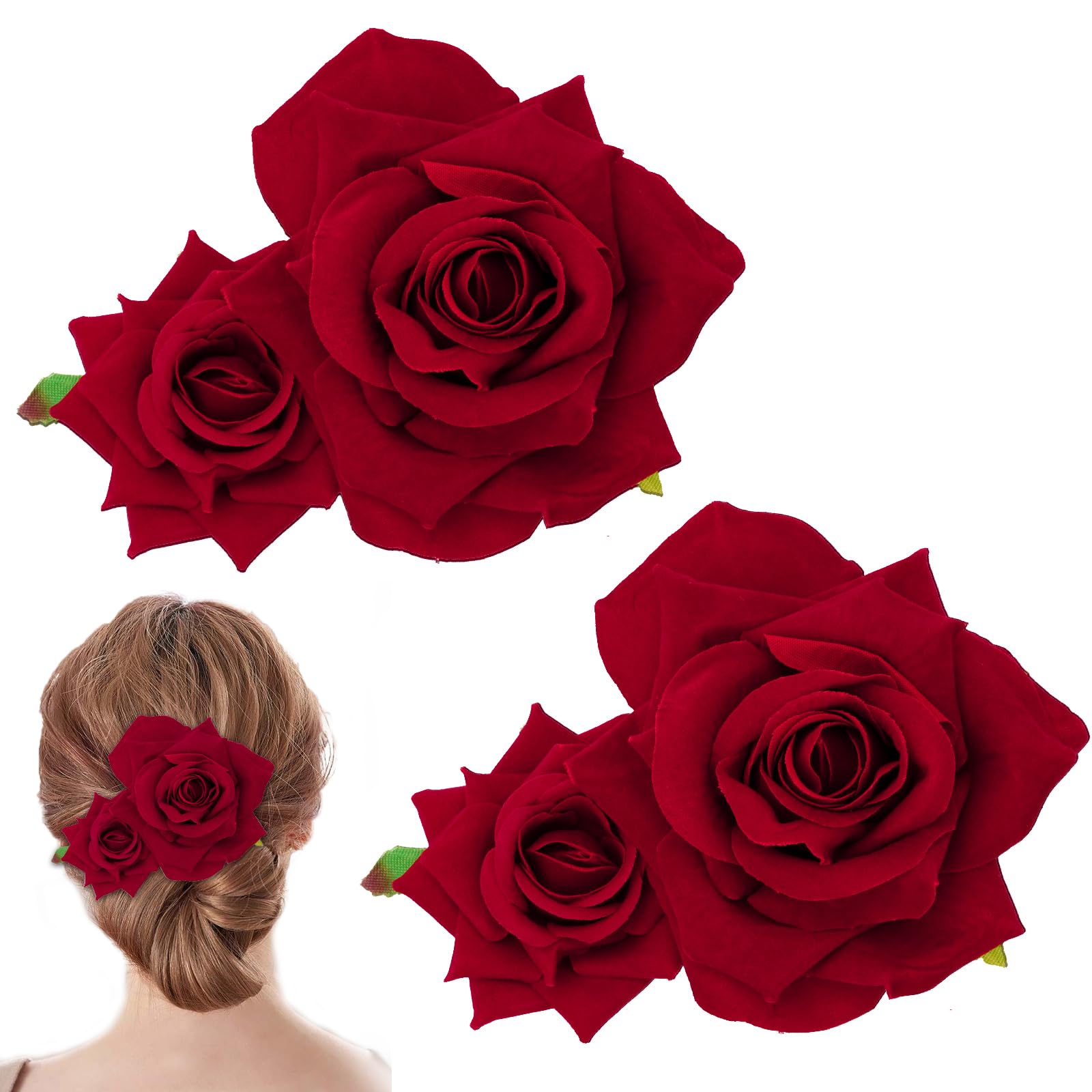 WHAVEL 2 Pack Rose Hair Clip Red Flower Hair Clips Flannel Bridesmaid Bridal Accessories for Women Halloween Wedding Party (Red)