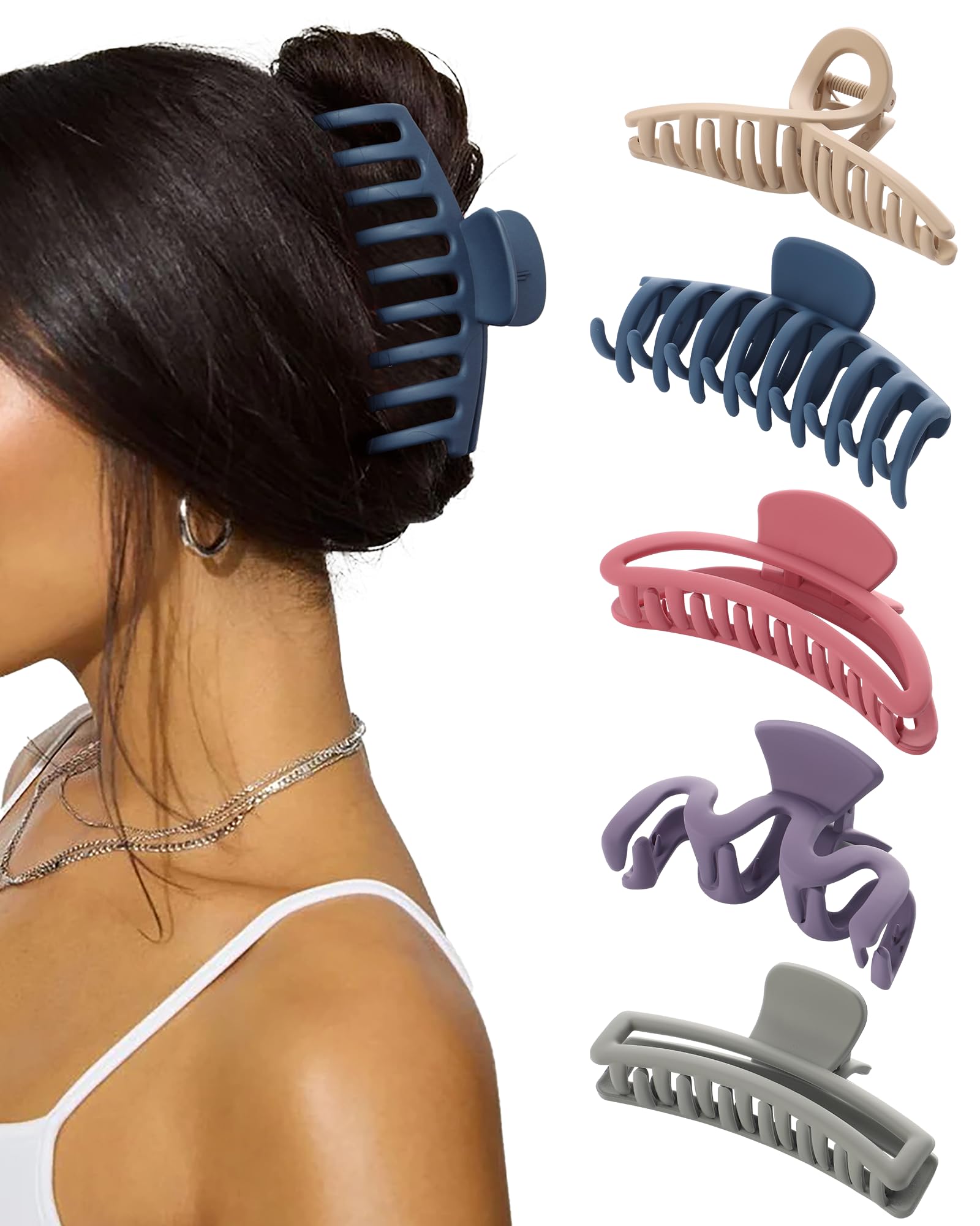 5PCS Large Claw Hair Clips for Thick Hair Big Banana Hair Clips for Women Nonslip Strong Hold Hair Claw Clip (Matte (Dark Color))