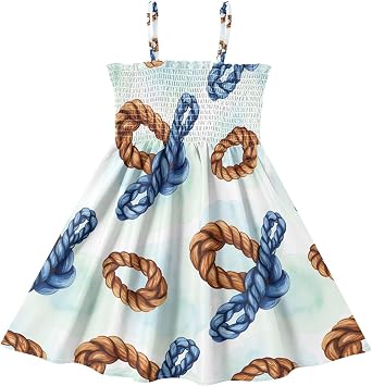 Exnundod Girls Casual Dress Smocked Spaghetti Strap Dress Rope Knot Pattern Design Sleeveless Sundress 2-8T