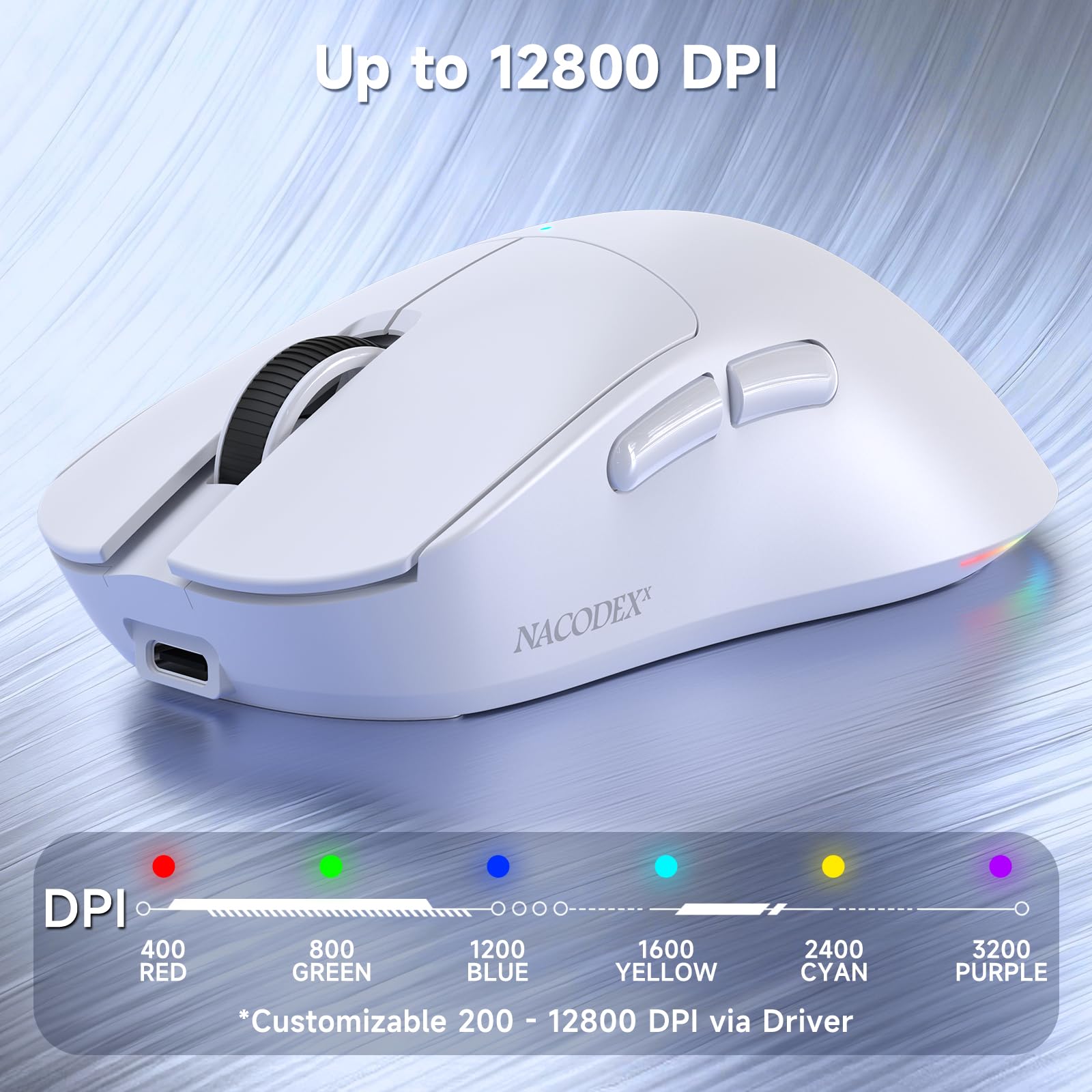 A.JAZZ NJ08 Tri-Mode Kabellose Gaming Maus, 1000Hz 70g Leicht, PC Mouse Mittel-Groß Ergonomisch, 12800 DPI 6 Stufen, Bluetooth/2.4G/USB-C, RGB Wiederaufladbar für Laptop/Mac - Weiß - 5